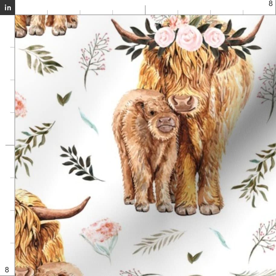 Highland Cow Scottish Shaggy Floral Baby Calf Spring Cattle Print Upholstery Velvet Fabric by The Yard - Home Decor, DIY Upholstery, Bottomweight Apparel & Fashion Accessories - Perfect for Sofa Covers, Throw Pillows, Curtains and Clothing Projects