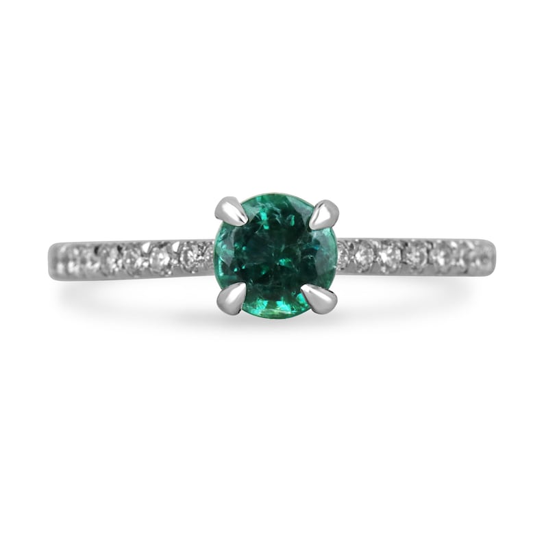 1.07tcw AAA Quality Round Cut Emerald & Diamond Accent 14K White Gold Engagement Ring for Women - Perfect for Proposals, Anniversaries & Special Occasions