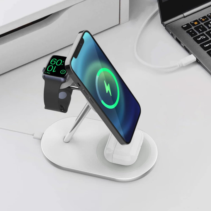 3-in-1 MagSafe Wireless Charging Station - Fast Charging Base for iPhone 14/13/12, AirPods & Apple Watch - Perfect for Home, Office & Nightstand Use