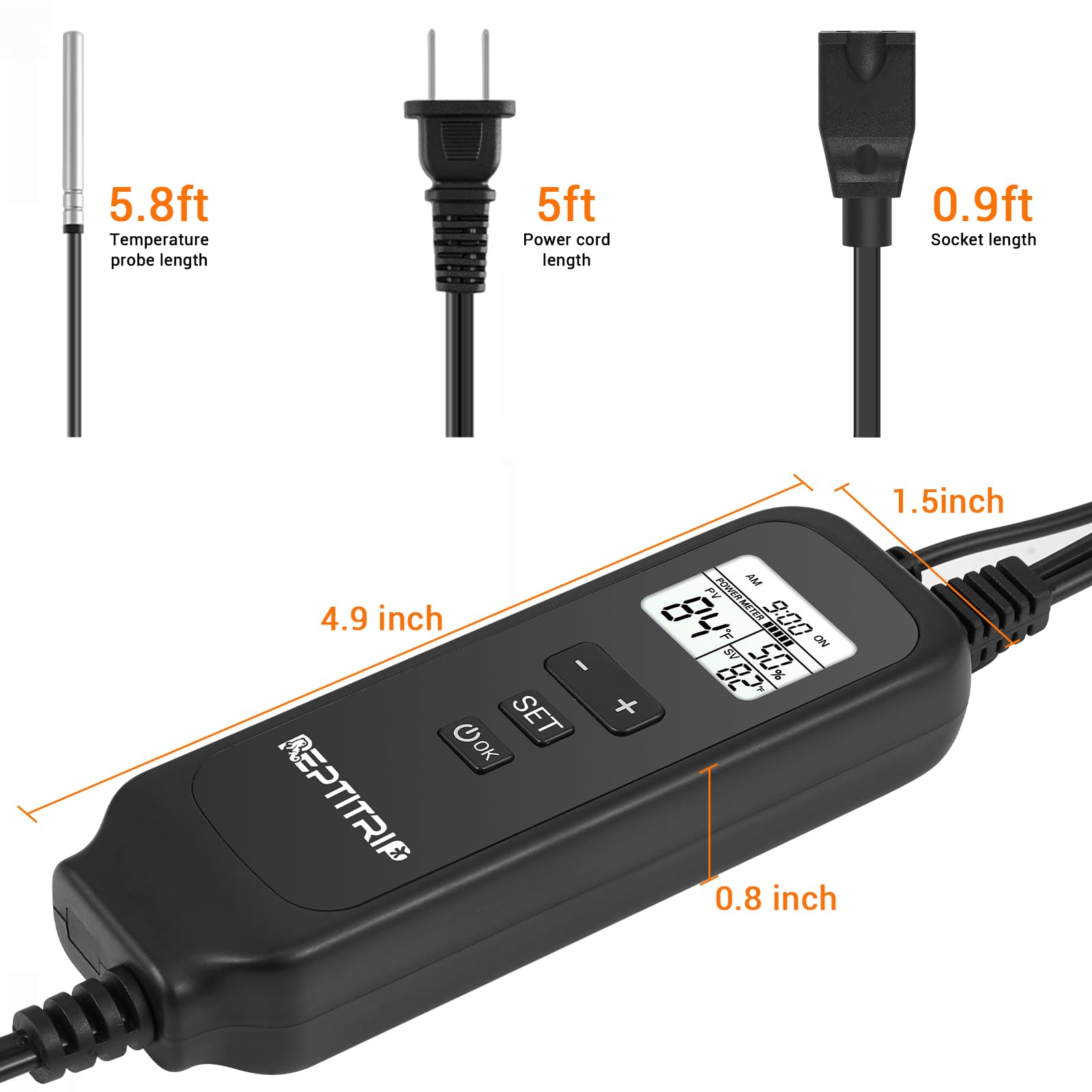 Reptile Thermostat with Temperature Probe - Dimmable PID Temperature Controller for Heat Lamps & Heating Pads, ℉/℃ Switchable with Memory Function - Ideal for Terrariums, Vivariums & Reptile Habitats