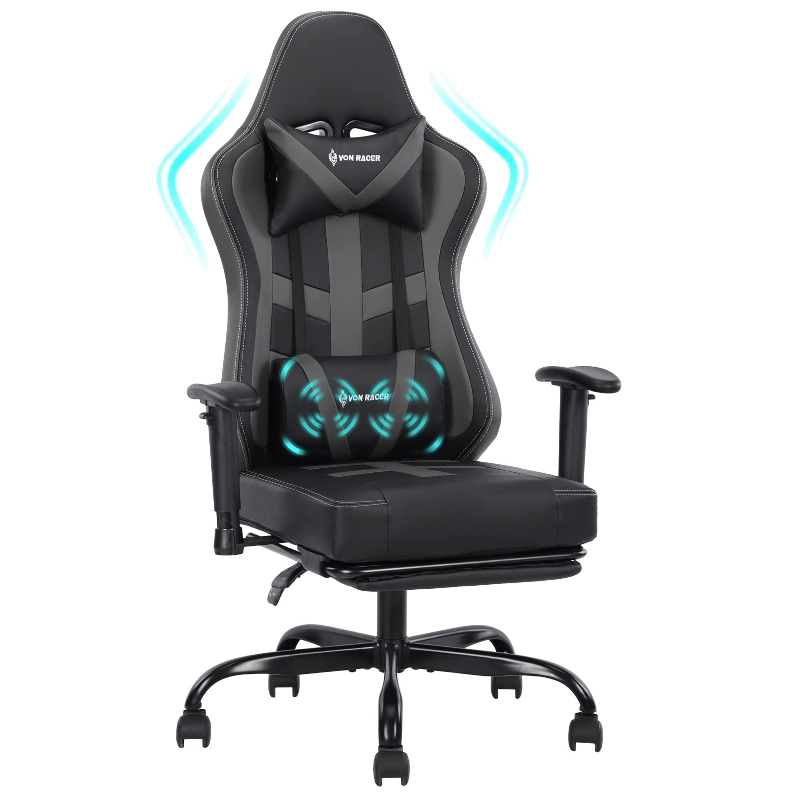 Ergonomic Gaming Chair with Massage Lumbar Support & Footrest - Adjustable Swivel Video Game Chair for Adults with Headrest - Perfect for PC Gaming, Office Work & Home Entertainment