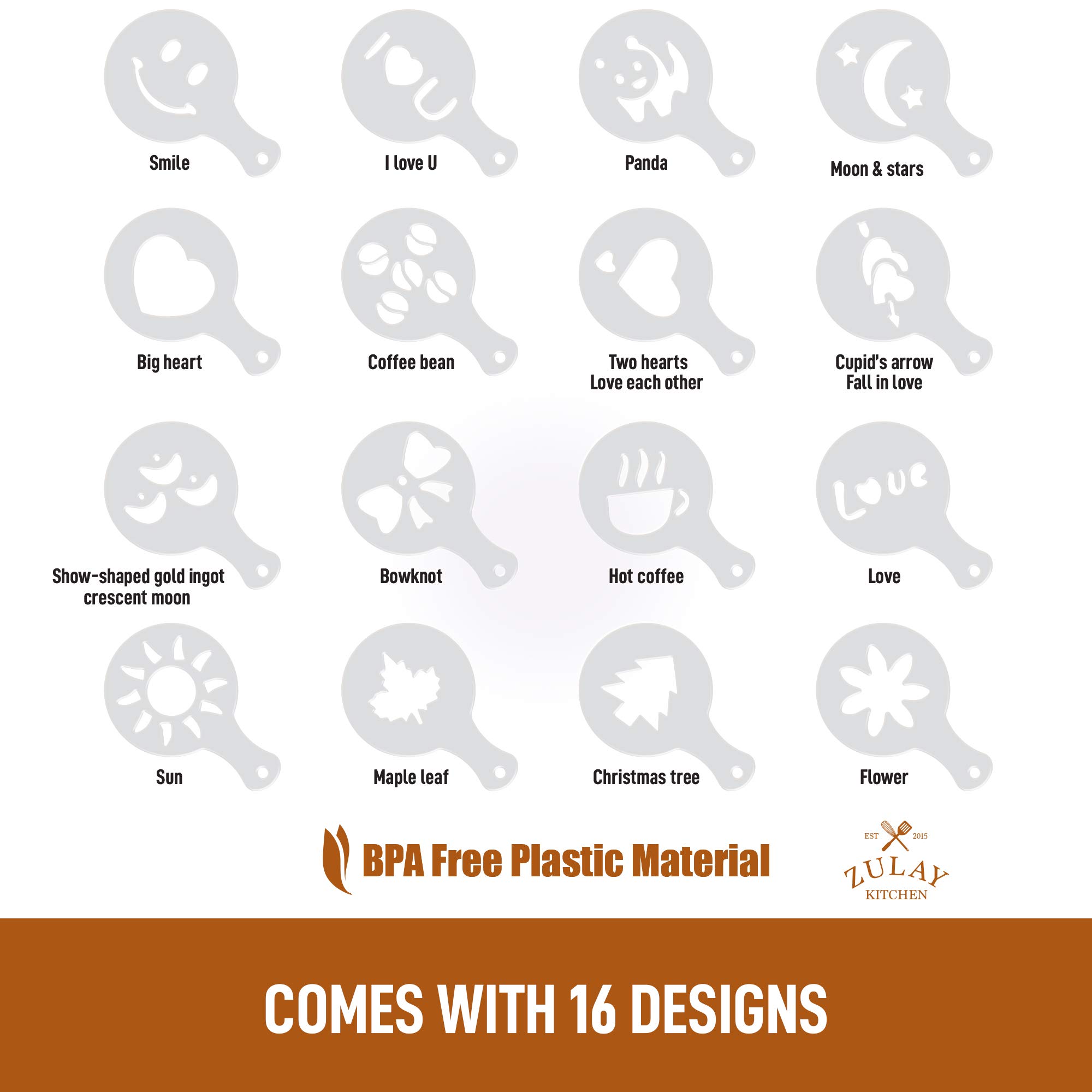 Zulay Kitchen 16-Piece Coffee Stencils Set for Latte Art - Professional Barista Tools for Latte, Cappuccino & Hot Chocolate - Reusable Plastic Decorative Stencils - Perfect for Home & Cafe Coffee Making - Great for Holidays, Parties & Gifts
