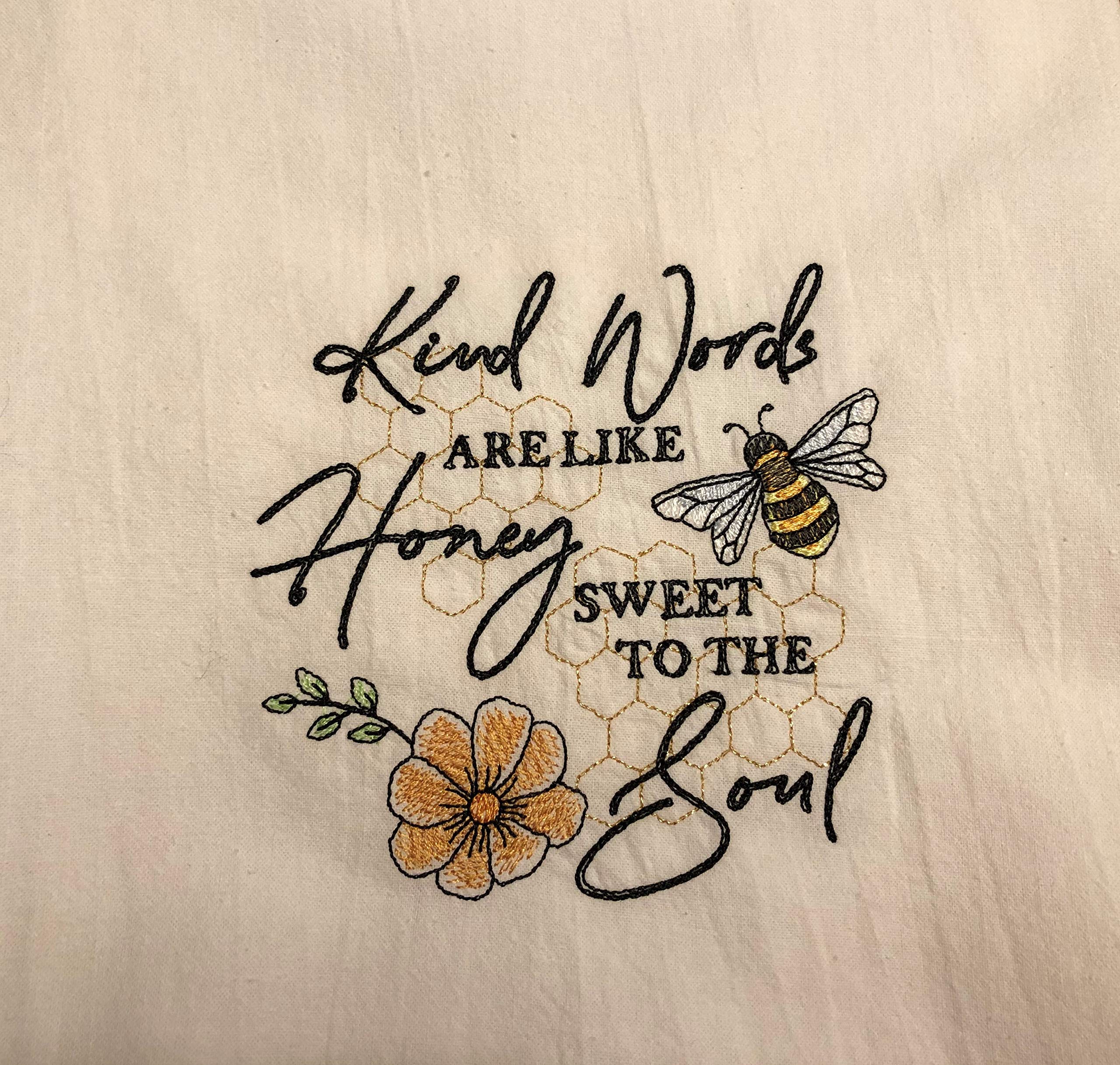 Embroidered Bee Flour Sack Tea Towel & Dish Towel - Machine Embroidery with Kind Words Like Honey - Perfect for Kitchen, Gifts & Farmhouse Decor