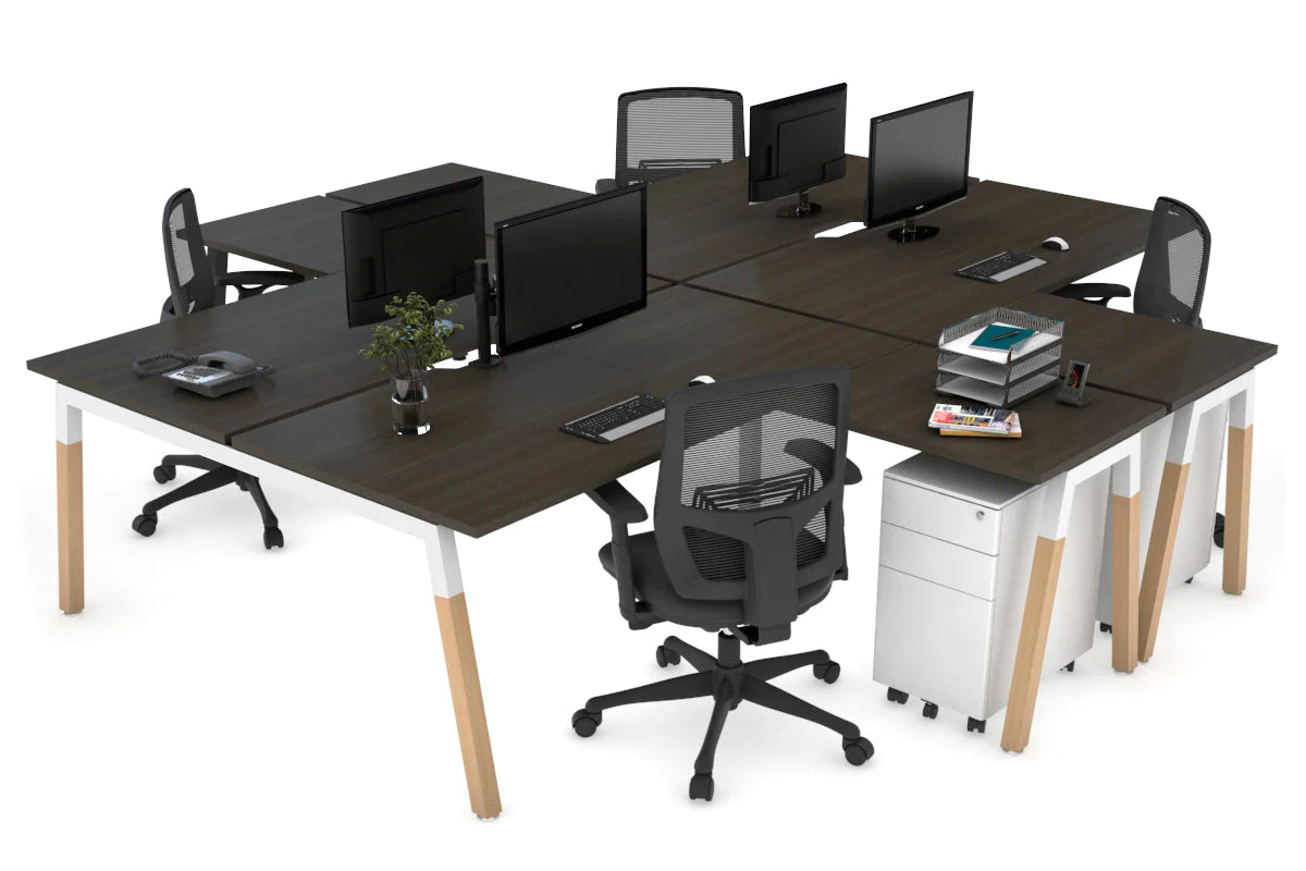 Quadro Wood A Legs Cross Beam 4-Person Corner Workstation Desk - 1600L x 1800W with Cable Management Scallop - Perfect for Office, Home Workspace & Collaborative Environments