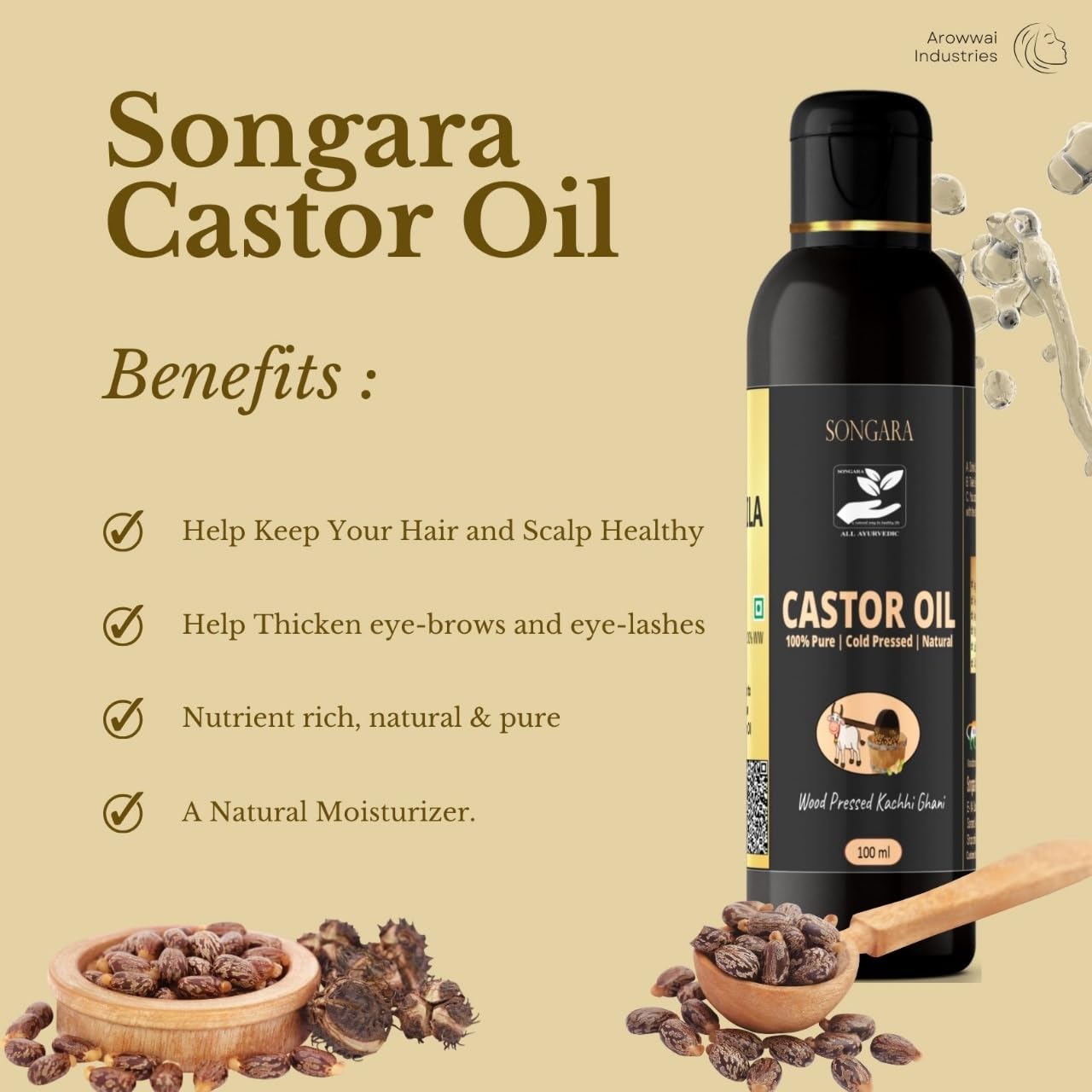 100% Pure Cold Pressed Castor Oil for Hair Growth, Skin & Nails - Natural Ayurvedic Arandi Taila (3.4 fl oz) - Promotes Thicker Hair, Healthy Skin & Strong Nails - Perfect for Hair Care, Massage & Beauty Routines