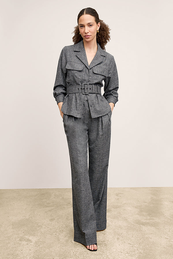 Bia Pleated High Waist Crosshatch Suiting Trousers for Women - Black & White - Office Wear & Business Casual Outfits