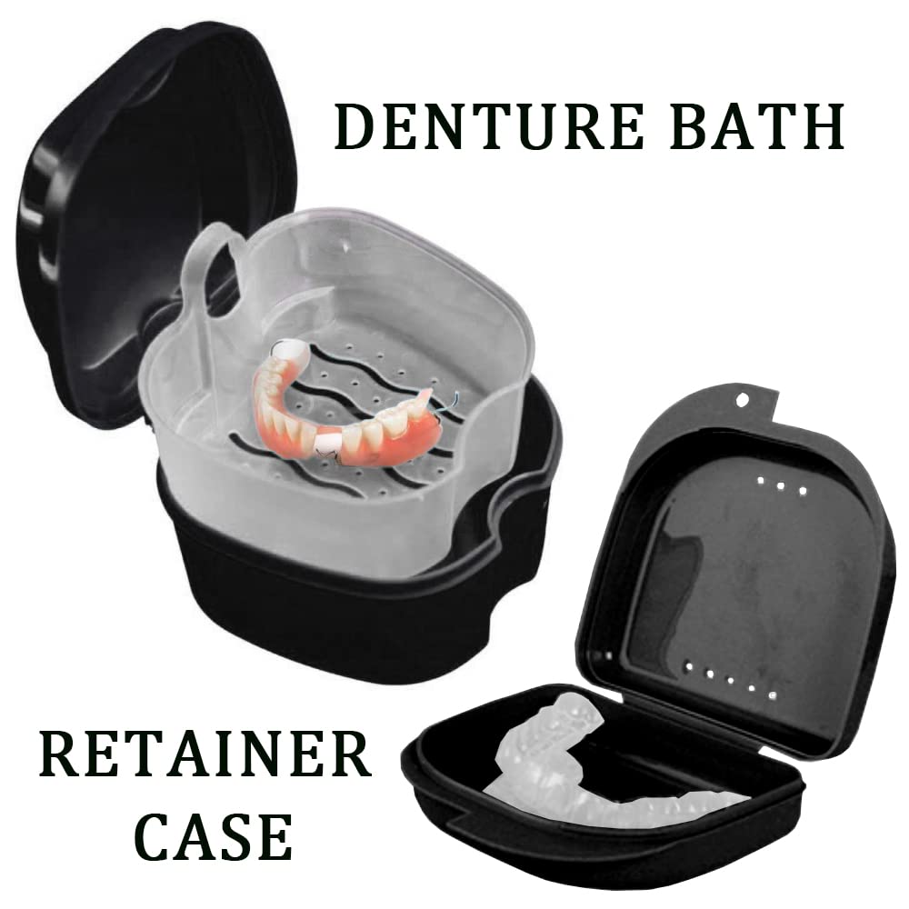 Premium Denture Bath Case with Cleaner Brush & Retainer Holder Box - Complete Cleaning Solution for Dentures, Clear Braces, Mouth Guards, Night Guards & Retainers - Travel-Friendly Dental Care Organizer (Black) - Perfect for Home Use & Travel Accessories