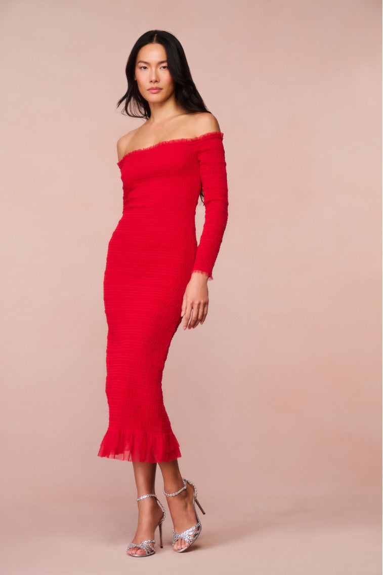 Avelle Smocked Tulle Midi Dress for Women - Elegant Floral Embroidery Party Dress for Wedding, Cocktail & Special Occasions