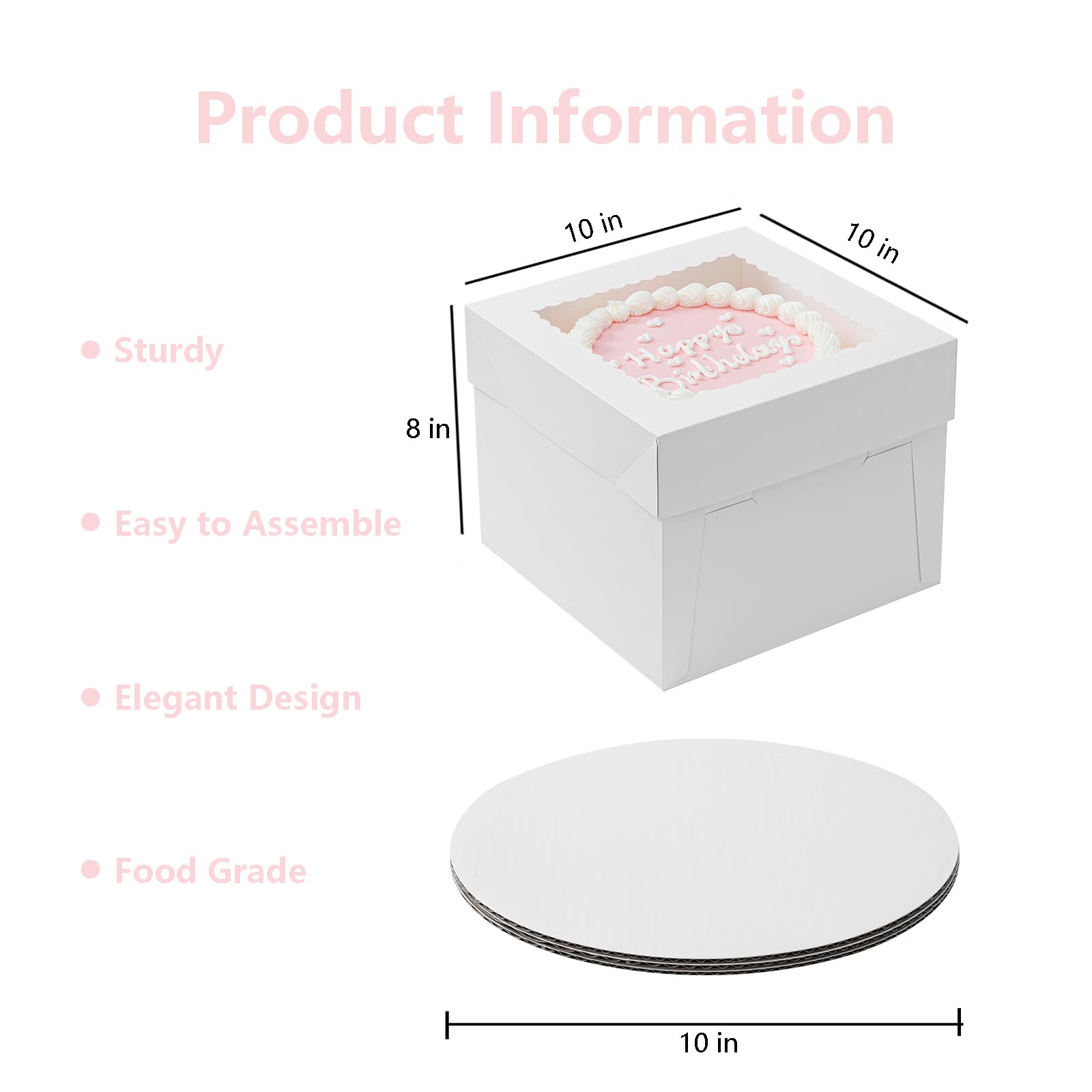 3 Pack 10x10x8 Inches White Bakery Cake Boxes with Window & Cake Boards - Disposable Cake Containers with Lids for Wedding, Birthday, Party - Perfect for Cakes, Donuts, Pies, Cookies & Dessert Display