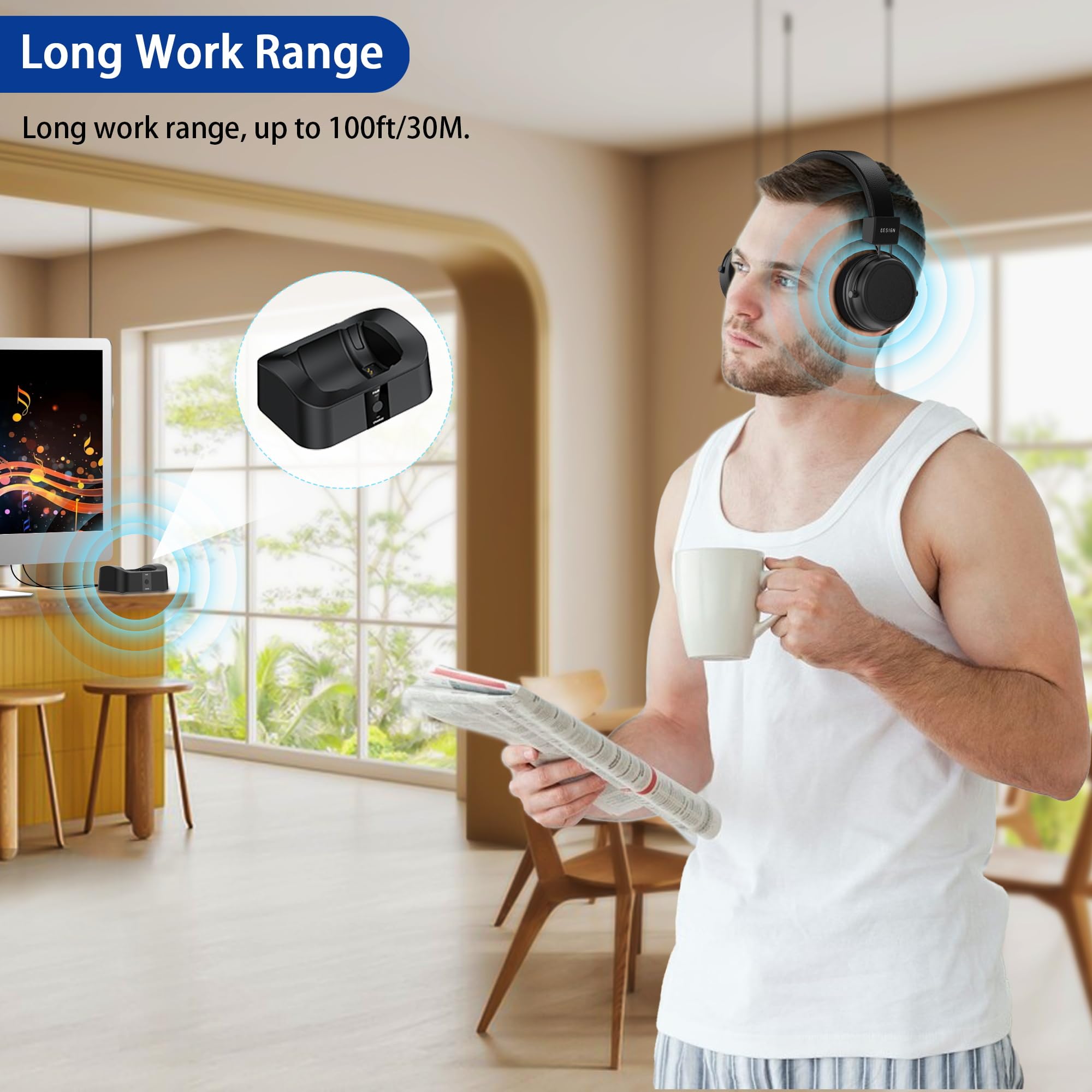 BESIGN BTH02 Wireless Bluetooth Headphones for TV Watching - 100ft Range, No Audio Delay, with Charging Dock - Ideal for Seniors & Home Entertainment