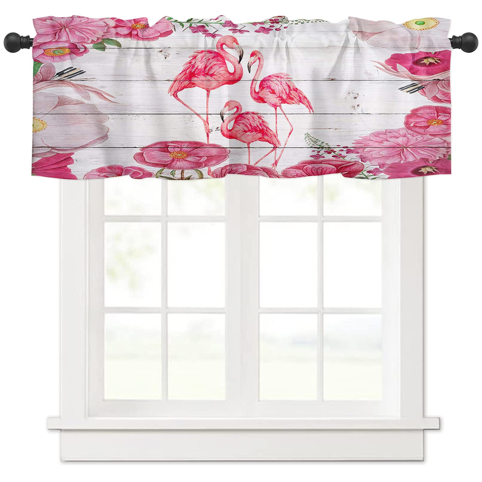 Flamingo Flower Watercolor Pink Wood Grain Window Valance Curtain - Rod Pocket Cafe Valance for Kitchen, Bedroom & Living Room - 54x18 Inches - Perfect for Farmhouse, Boho & Coastal Home Decor