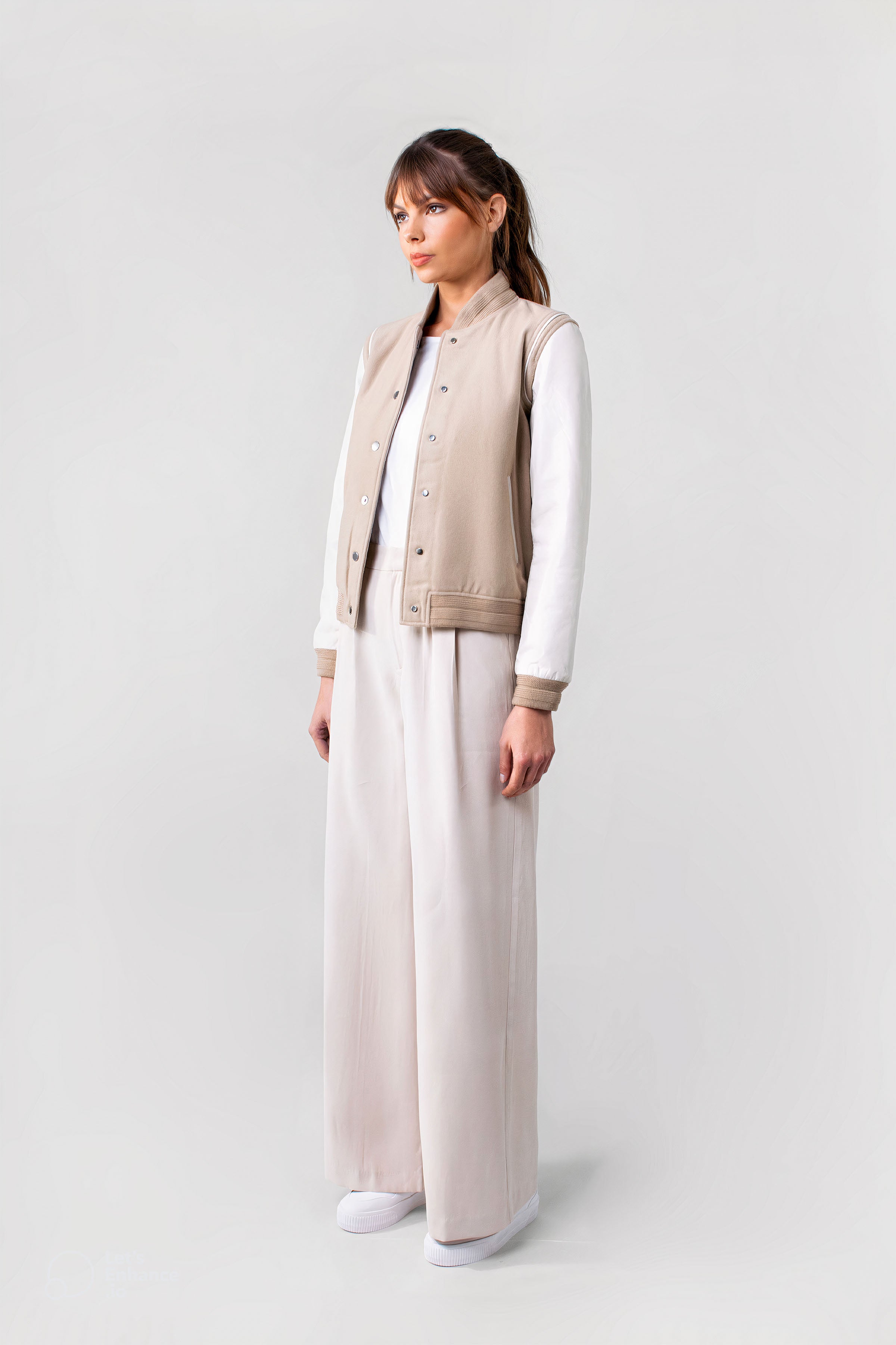 Women's Varsity Jacket in Ecru - Stylish Casual Outerwear for College, Streetwear & Everyday Fashion