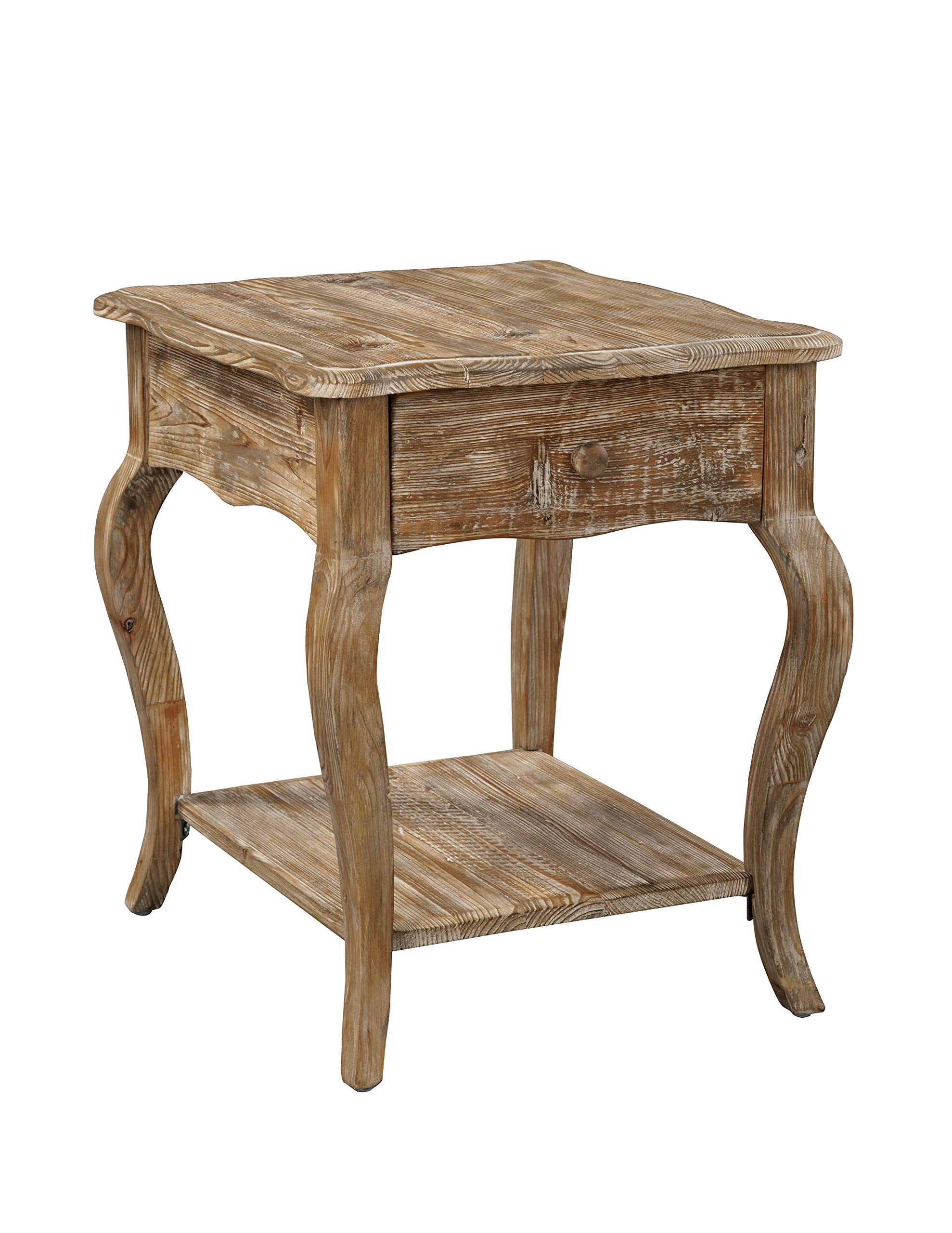 Alaterre Austerity Rustic Solid Wood End Table with Queen Anne Legs, Drawer & Shelf - 20x23x24 Inch Driftwood Finish Nightstand for Living Room, Bedroom & Office Décor