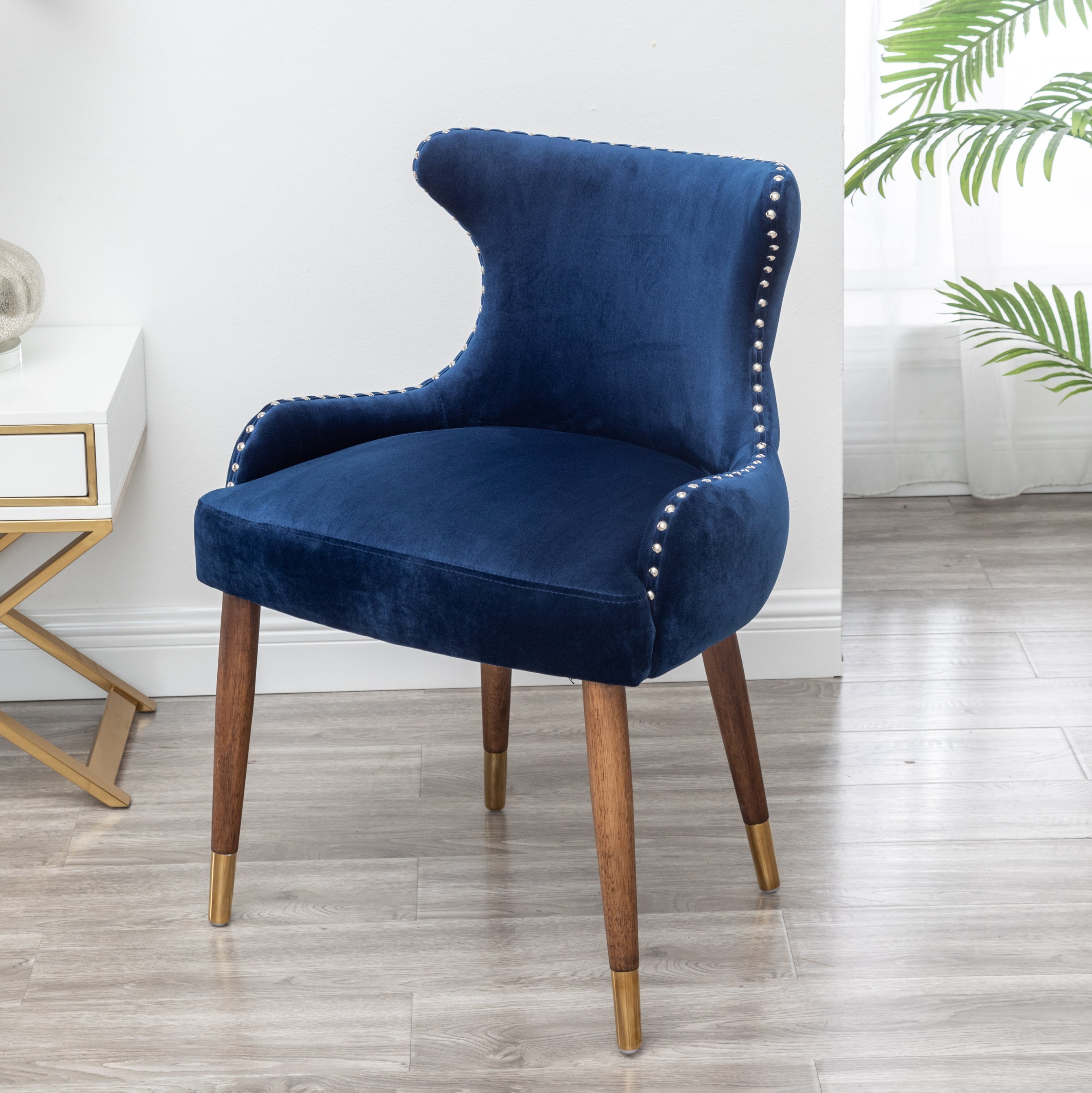 Roundhill Furniture Lindale Contemporary Velvet Upholstered Accent Chair with Nailhead Trim - Navy Blue Velvet Living Room Chair for Bedroom, Office & Lounge Decor
