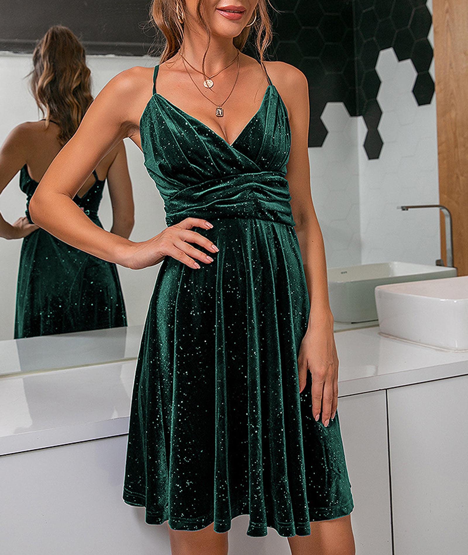 SEMATOMALA Women's Velvet Skater Dress - Spaghetti Strap Wrap V-Neck Flared Mini Dress with Sparkles | Elegant Cocktail Party Dress for Night Out, Date Night, Holiday Party & Special Occasions