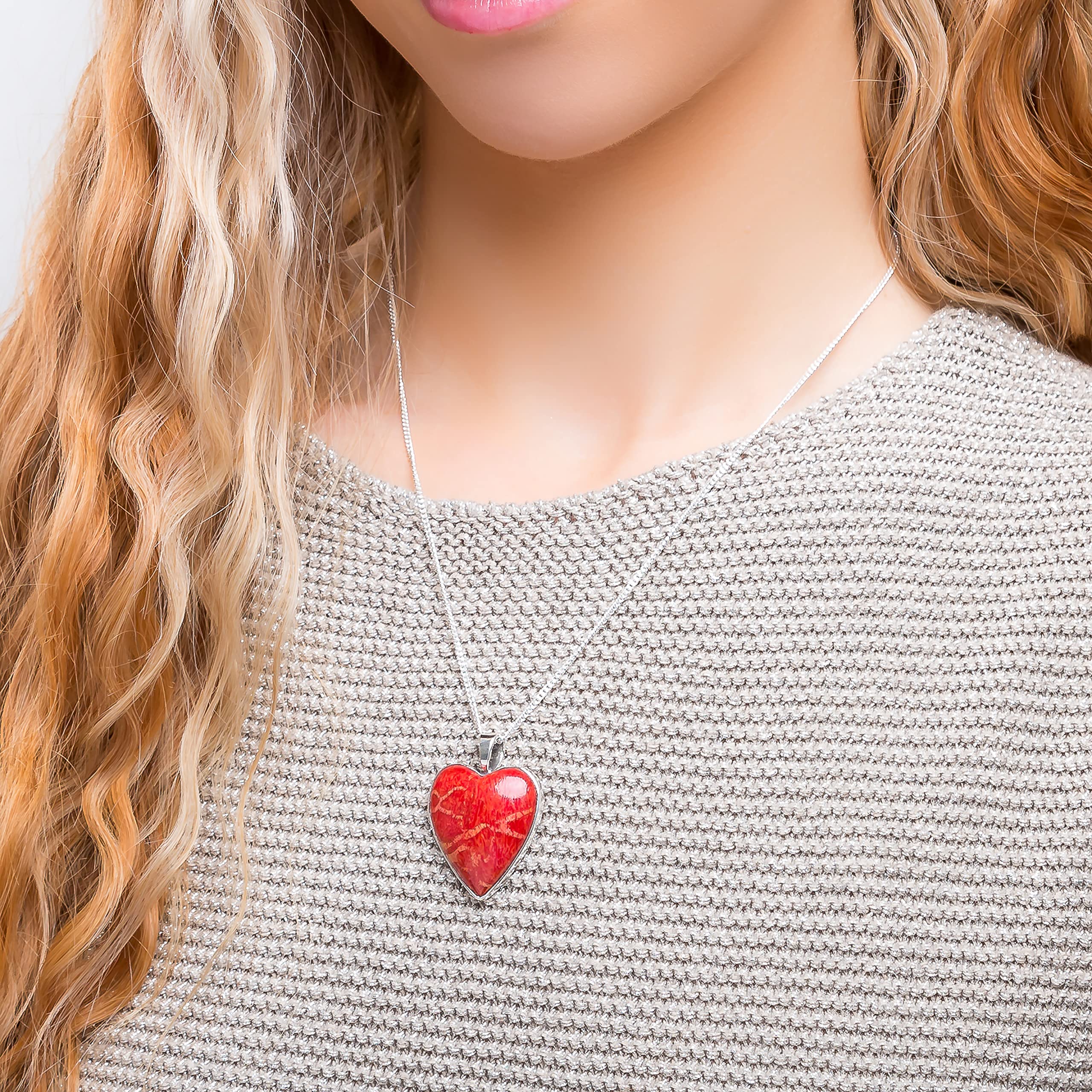HENRYKA 925 Sterling Silver Red Horn Coral Heart Necklace & Earrings Set | Romantic Love Jewelry Gift for Women | Perfect for Anniversaries, Valentine's Day & Special Occasions