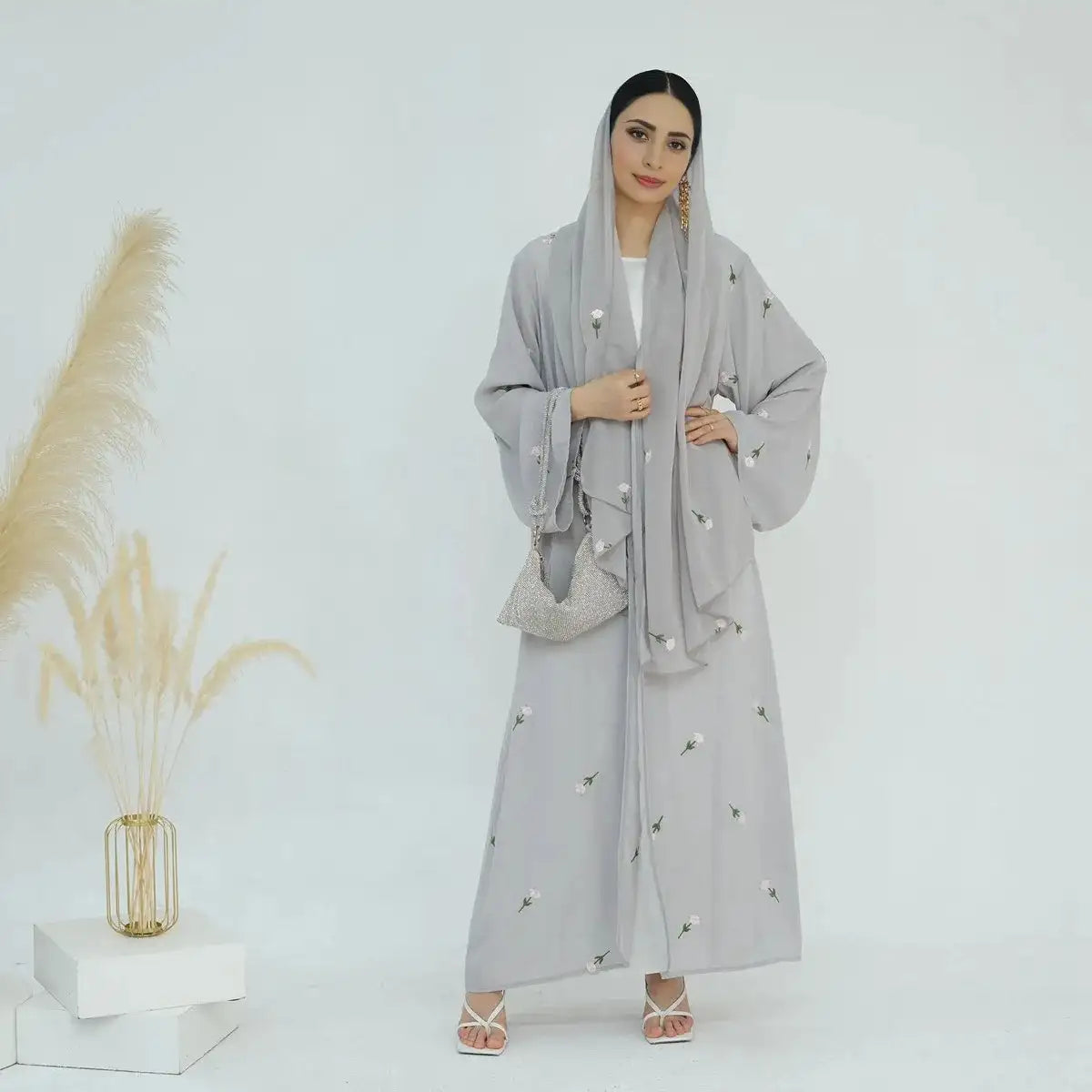 Elegant Floral Embroidered Nida Cardigan Open Abaya Dress with Matching Hijab - Perfect for Modest Fashion, Prayer Wear & Special Occasions