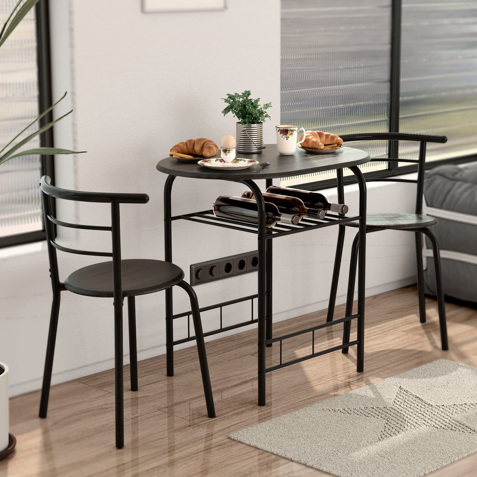 NAFORT 3-Piece Round Dining Table Set for 2 - Compact Kitchen Table & Chairs with Storage Shelf, Space Saving Bistro Set, Steel Frame in Black - Perfect for Small Apartments, Breakfast Nooks & Cozy Kitchenettes