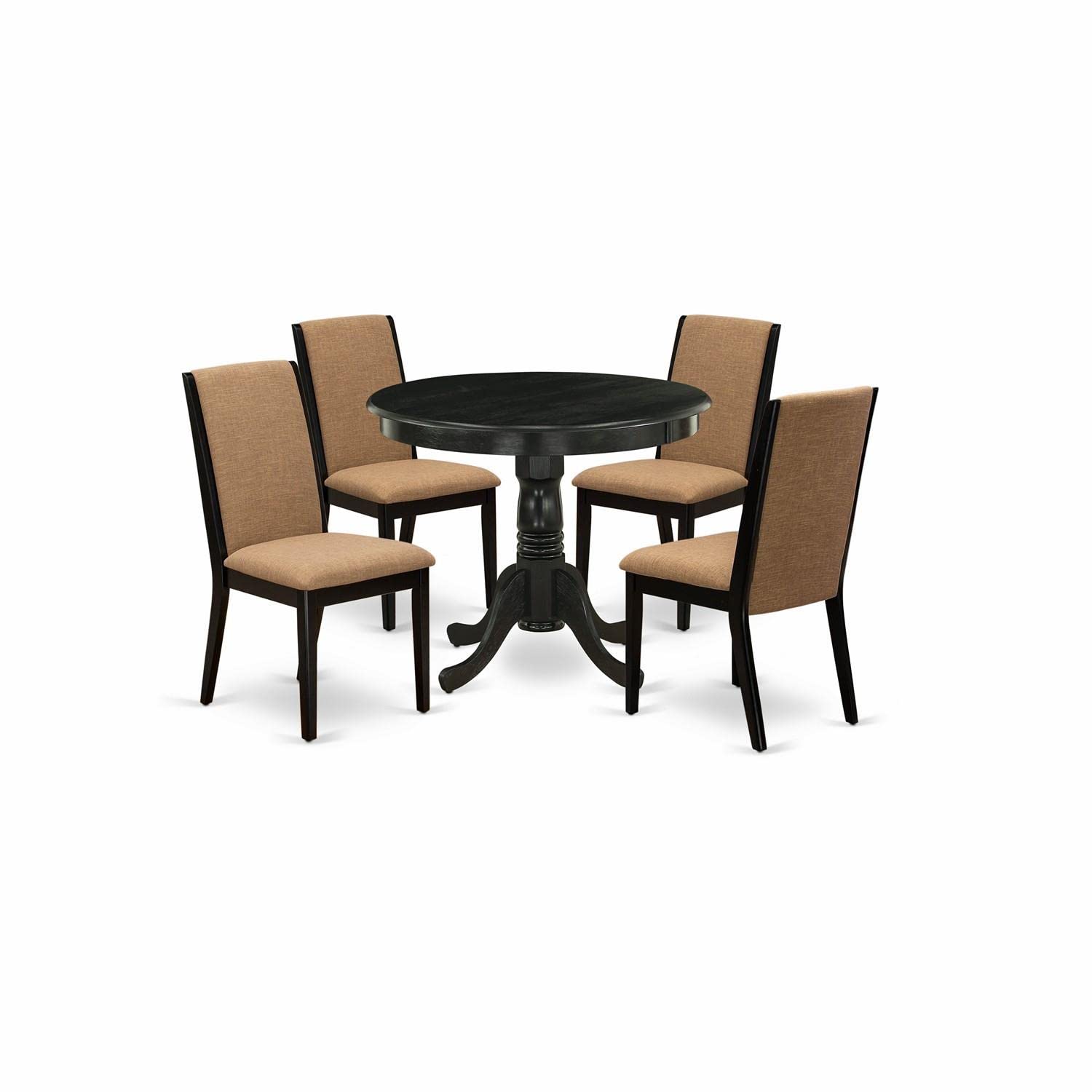 East West Furniture 5-Piece Modern Dining Room Set - 36x36 Inch Round Pedestal Table & 4 Upholstered Chairs in Wirebrushed Black - Perfect for Small Kitchens, Breakfast Nooks & Apartment Dining Areas