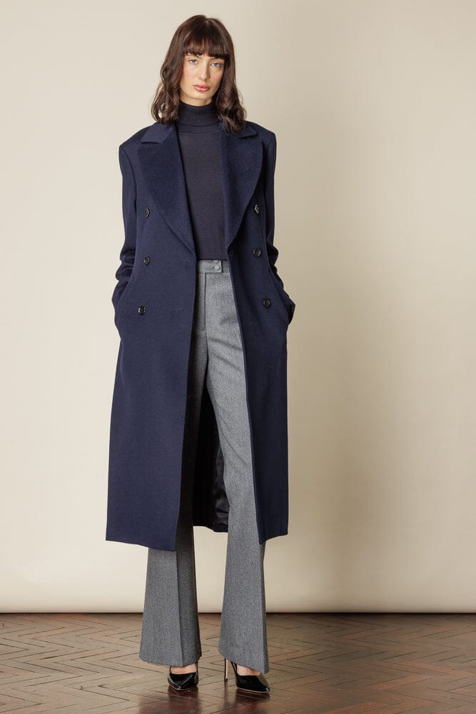 Premium Navy Wool Double Breasted Long Coat with 6 Buttons & Broad Peak Lapels - Elegant Winter Outerwear for Business & Formal Occasions