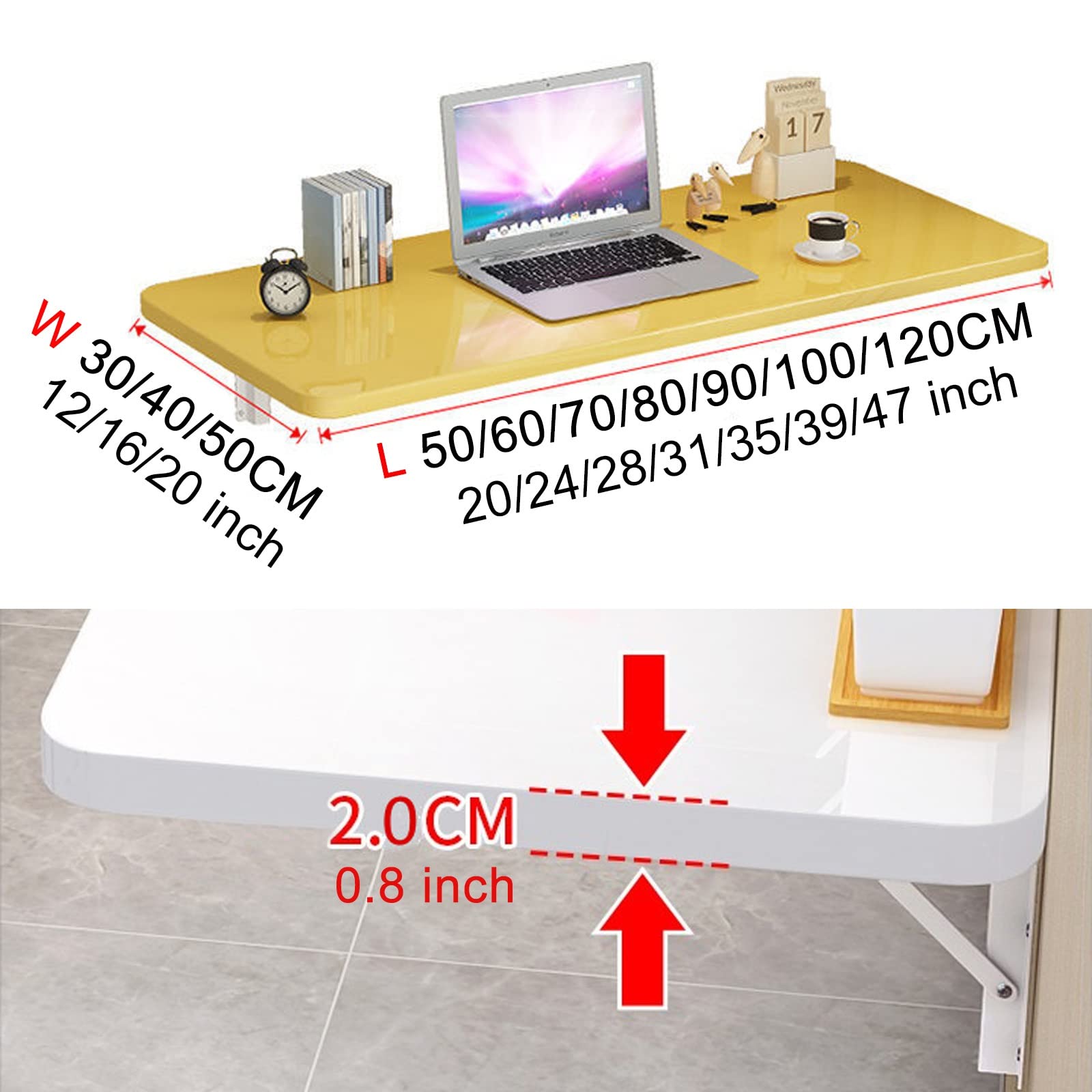 LIGUOYI 20-47 Inch Wall Mounted Floating Folding Desk - Space Saving Computer Desk, Dining Table, Drop Leaf Table with Adjustable Steel Brackets (Blue, White, Black, Yellow) - Perfect for Small Apartments, Home Offices & Dorm Rooms