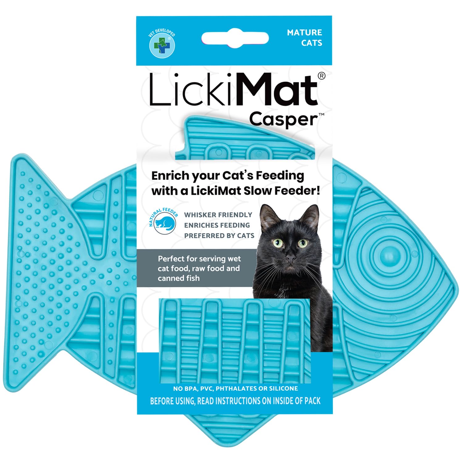 LickiMat Casper - Fish-Shaped Slow Feeder Lick Mat for Cats | Reduces Boredom & Anxiety | Perfect for Wet Food, Treats, Yogurt & Peanut Butter | Fun Alternative to Slow Feed Bowls | Turquoise | Great for Grooming, Mealtime & Stress Relief