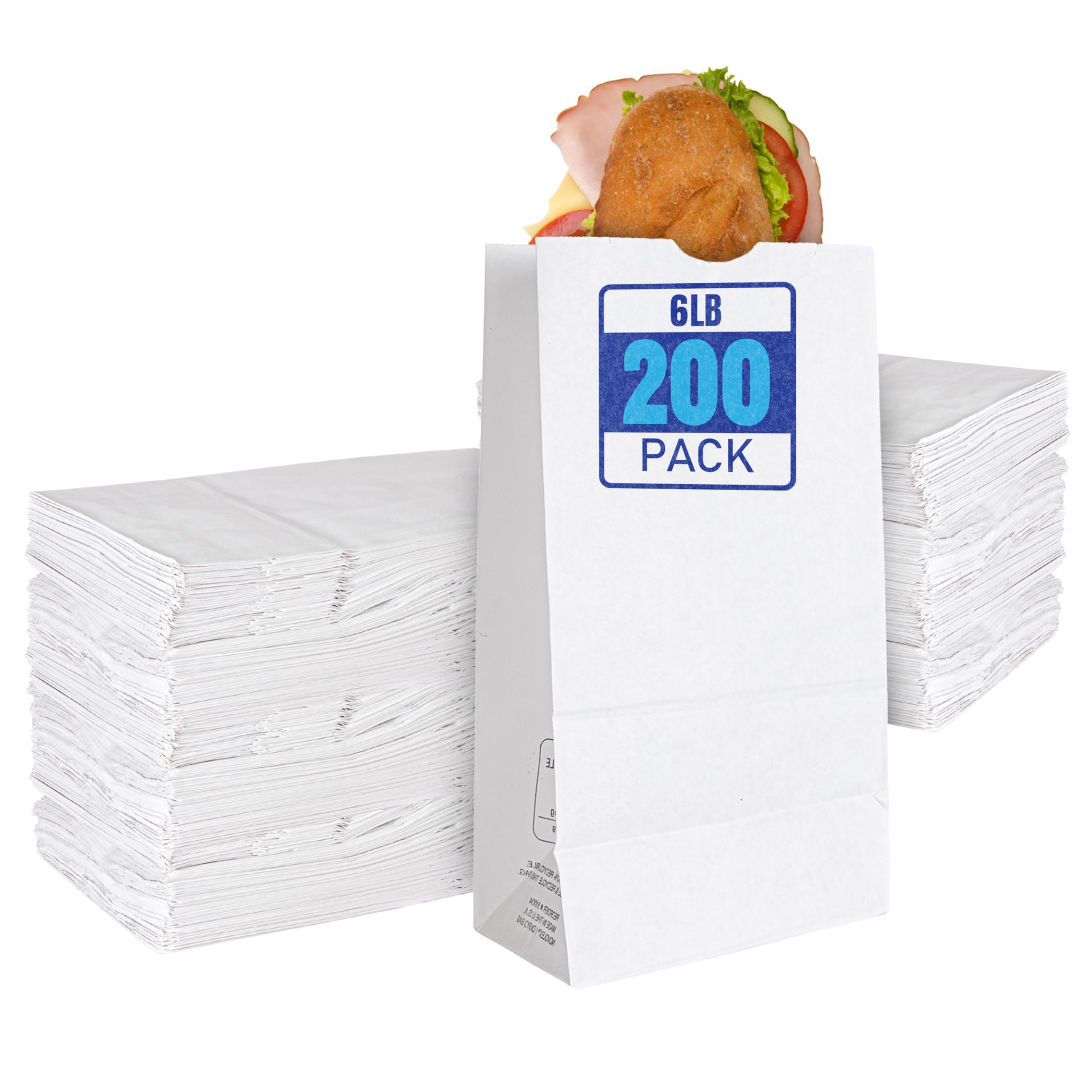 Stock Your Home 6 Lb White Paper Bags (200 Count) - Eco-Friendly Lunch & Snack Bags for School, Office & Picnics - Small Blank Kraft Bags for Food Packing, Arts & Crafts Projects - Recyclable Paper Bags for Parties, Takeout & Gift Wrapping