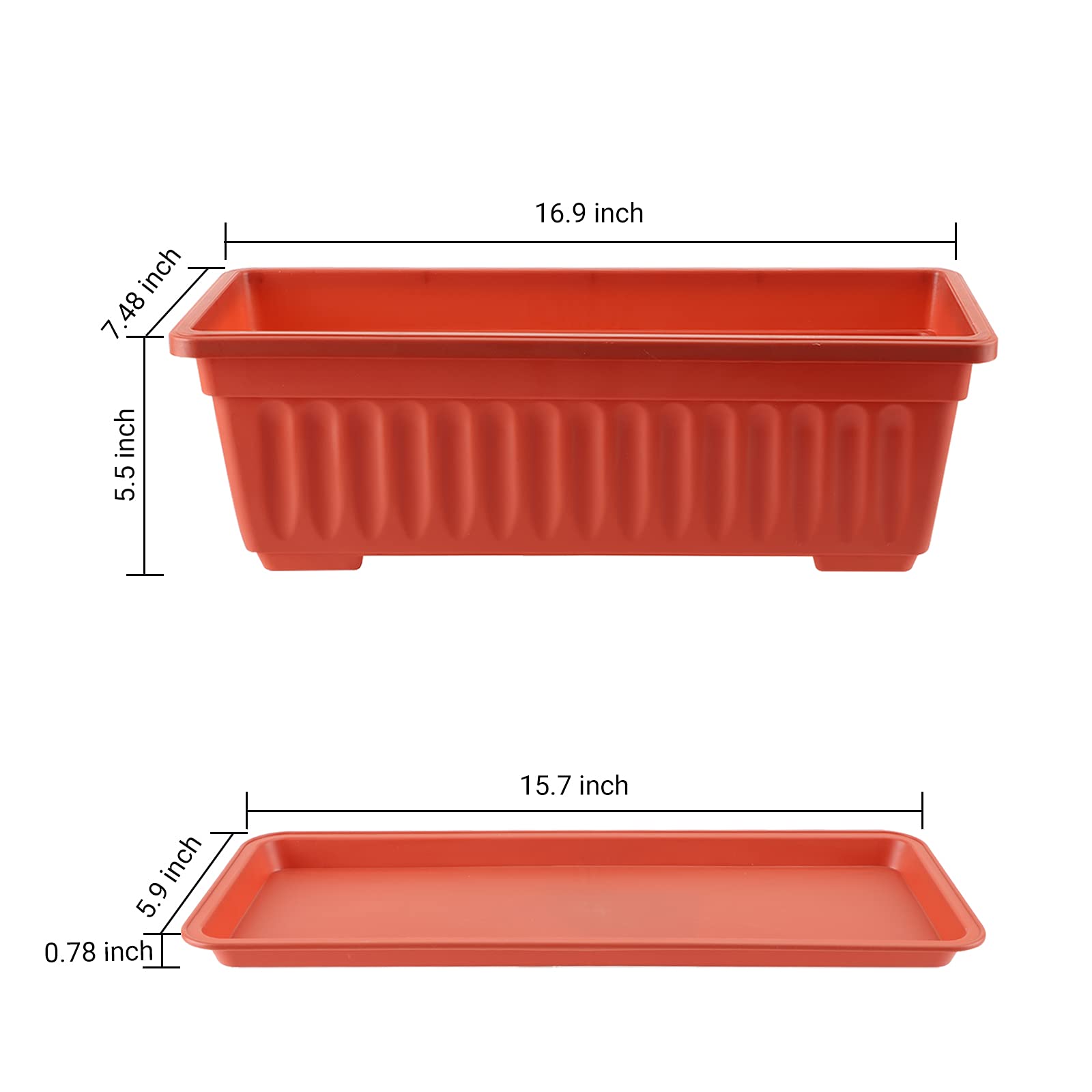 GREANER 3-Pack 16.9x7.48 Inch Plastic Flower Pots with Drainage Trays - Long Windowsill Planters for Vegetables, Herbs & Succulents | Outdoor/Indoor Use for Garden, Balcony, Patio & Home Decor (Red)