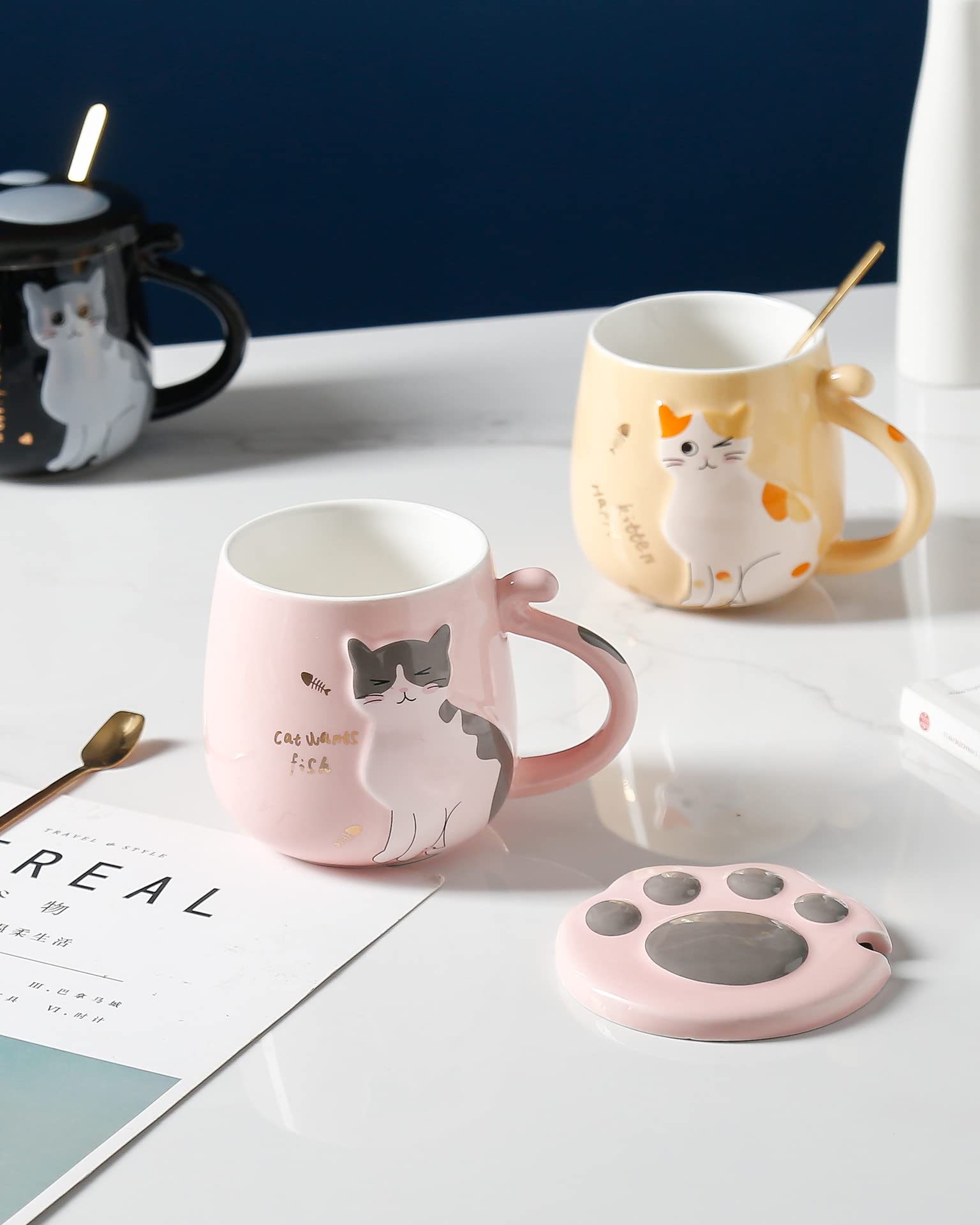 Floette Cute Cat Ceramic Coffee Mug - 12oz Novelty Tea Cup with Handle, Perfect Gift for Cat Lovers - Ideal for Home, Office Use and Birthday Gifts (A15)