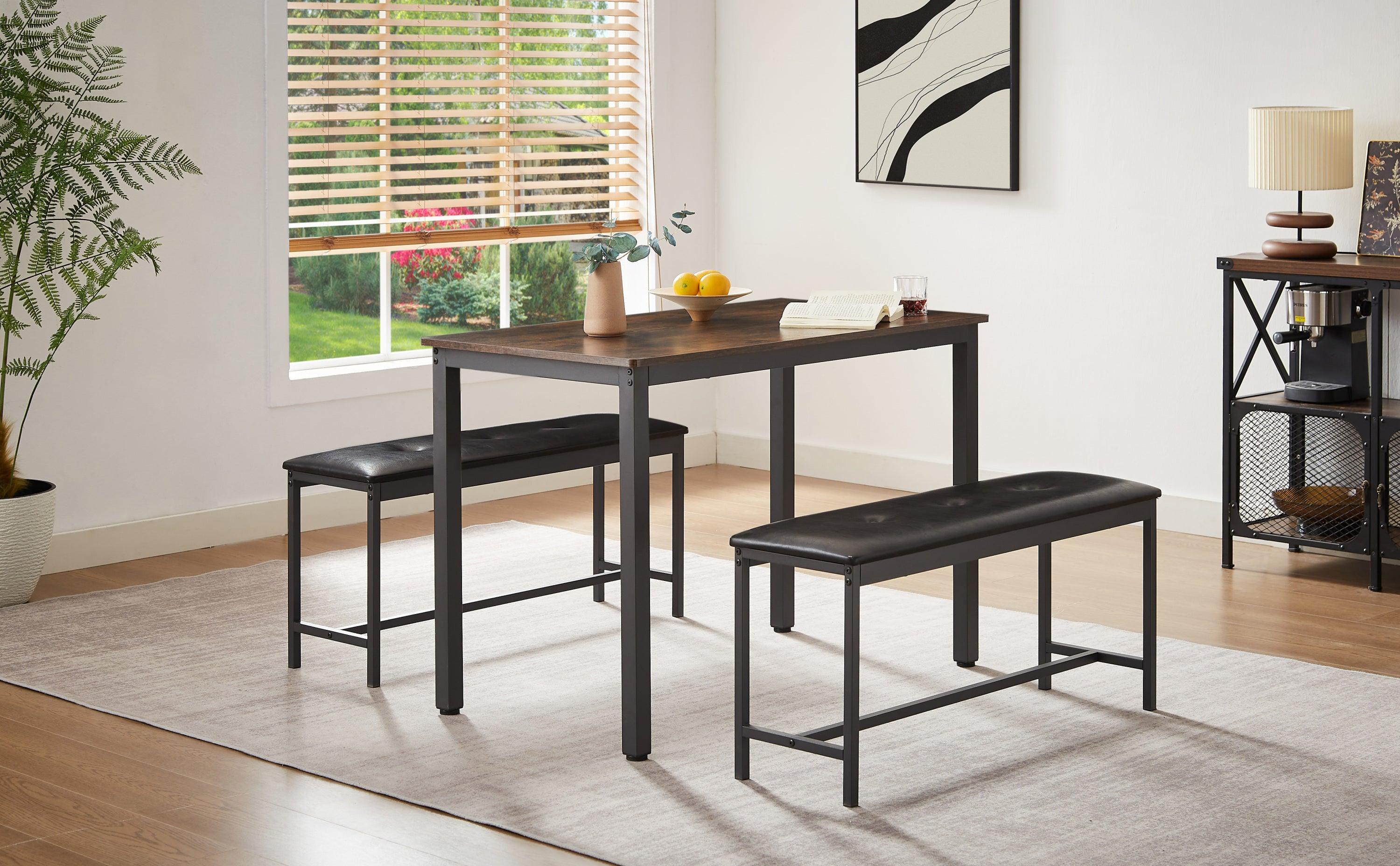Industrial Style Dining Table Set with 2 PU Upholstered Benches - Rustic Brown Kitchen & Living Room Furniture (43.3