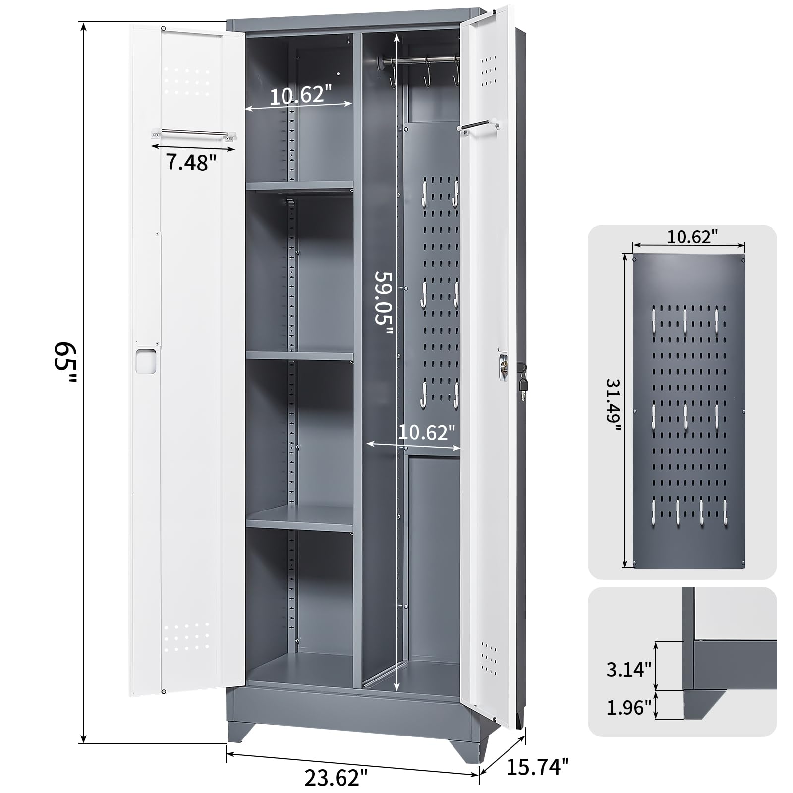 Metal Broom Storage Cabinet with Pegboard - Organize Cleaning Supplies, Brooms & Mops - Heavy Duty Laundry, Garage & Gym Storage Solution - Perfect for Home Organization & Cleaning Tool Storage