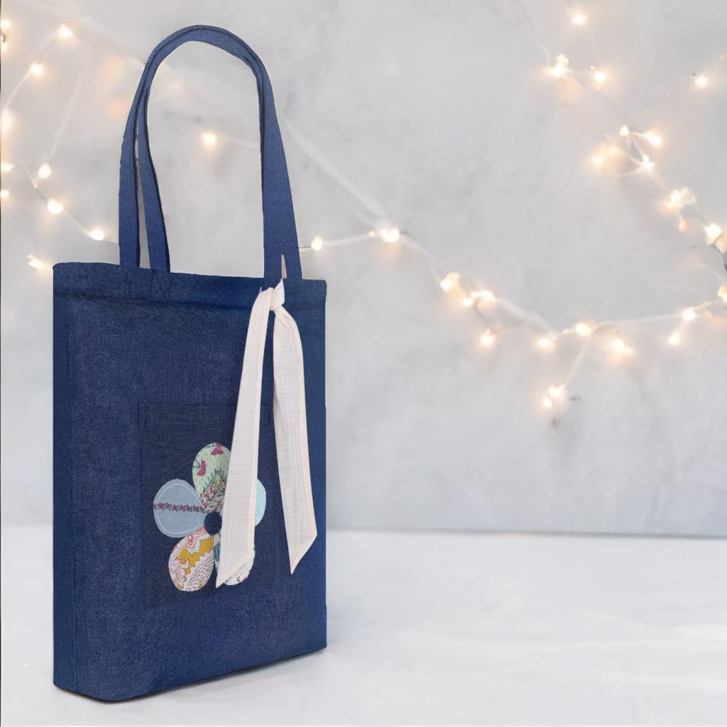 MASQ by Q-One Women's Embroidered Denim Tote Bag with Zipper Closure - 100% Organic Cotton College Bag for Girls, Stylish Travel & Everyday Purse | Perfect Gift for Women, Students & Fashion Lovers | Ideal for School, Shopping, Work & Weekend Outings