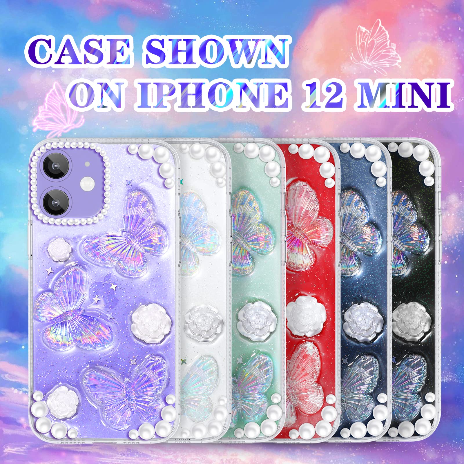 Goocrux 4-in-1 iPhone 12 Mini Case for Women - Glitter Sequin Sparkle Clear Crystal Cover with Chain, Camera Protector & Screen Protector | Cute Girly Design for Everyday Use & Special Occasions