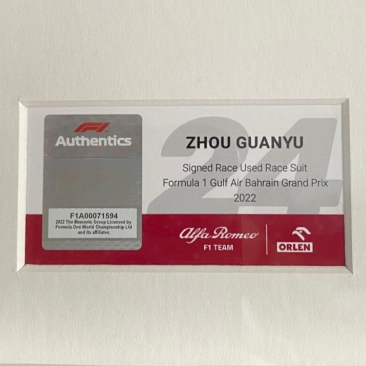 Authentic Signed Race-Worn Zhou Guanyu F1 Suit - Gulf Air Bahrain Grand Prix 2023 | Collectible Motorsport Memorabilia for Display & Investment