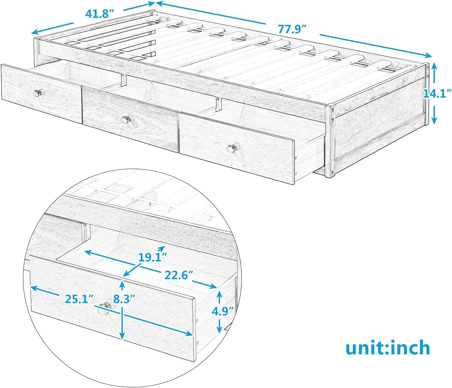 Harper & Bright Designs Twin Storage Bed with 3 Drawers - Wood Platform Bed Frame for Kids, No Box Spring Needed with Wood Slat Support - Oak Finish - Perfect for Small Bedrooms, Guest Rooms & Kids' Rooms