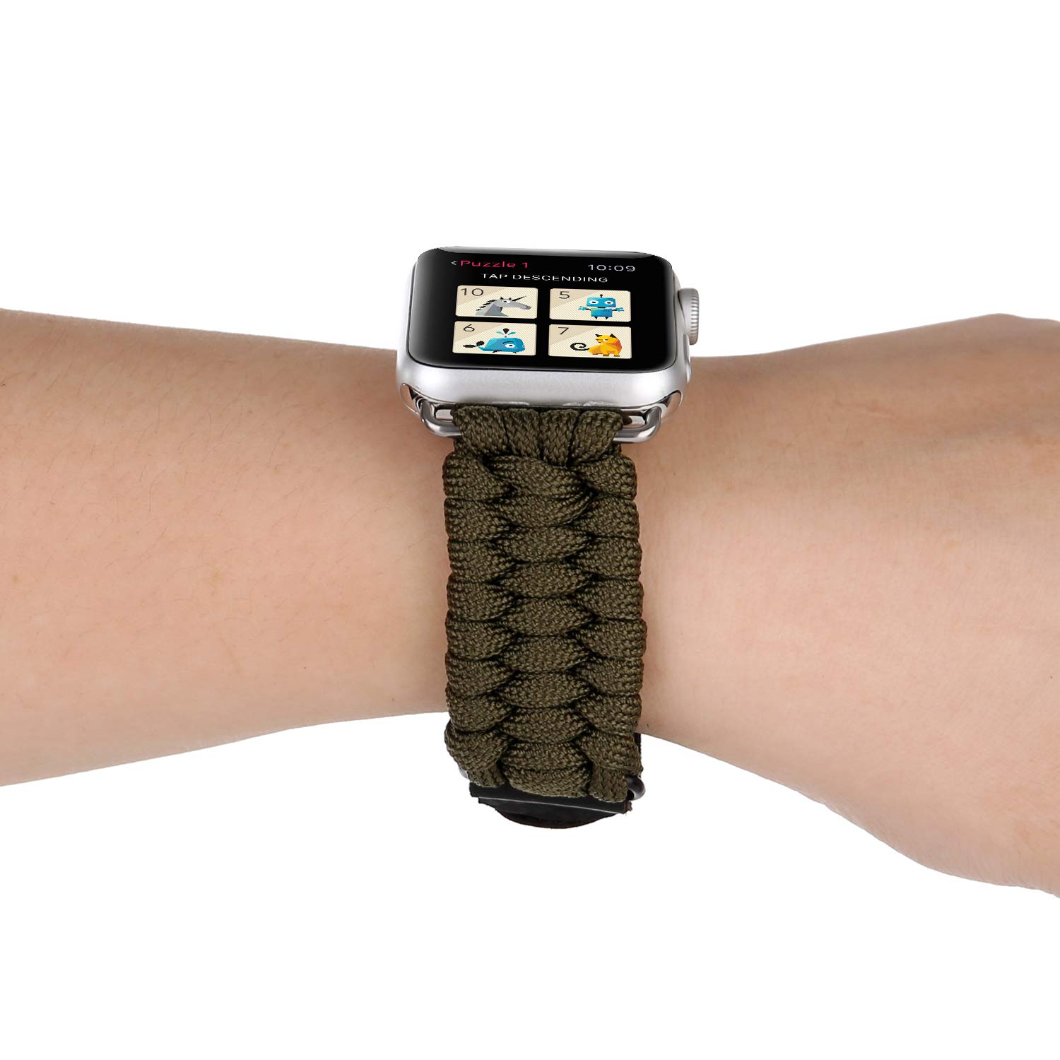 MeShow 41mm 40mm 38mm Paracord Watch Band Replacement - Genuine Leather Clasp, Self-Adhesive Strap Compatible with Apple Watch Series 7/SE/6/5/4/3/2/1 (Not for 45mm/44mm/42mm) - Durable Outdoor Wristband for Hiking, Camping & Adventure Activities