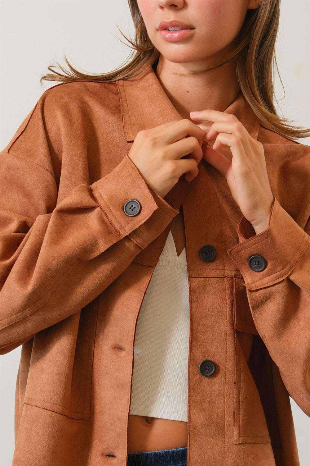 Women's Suede Cropped Jacket with Buttons - Stylish & Comfortable for Fall & Winter Outfits | Perfect for Casual, Office & Date Nights