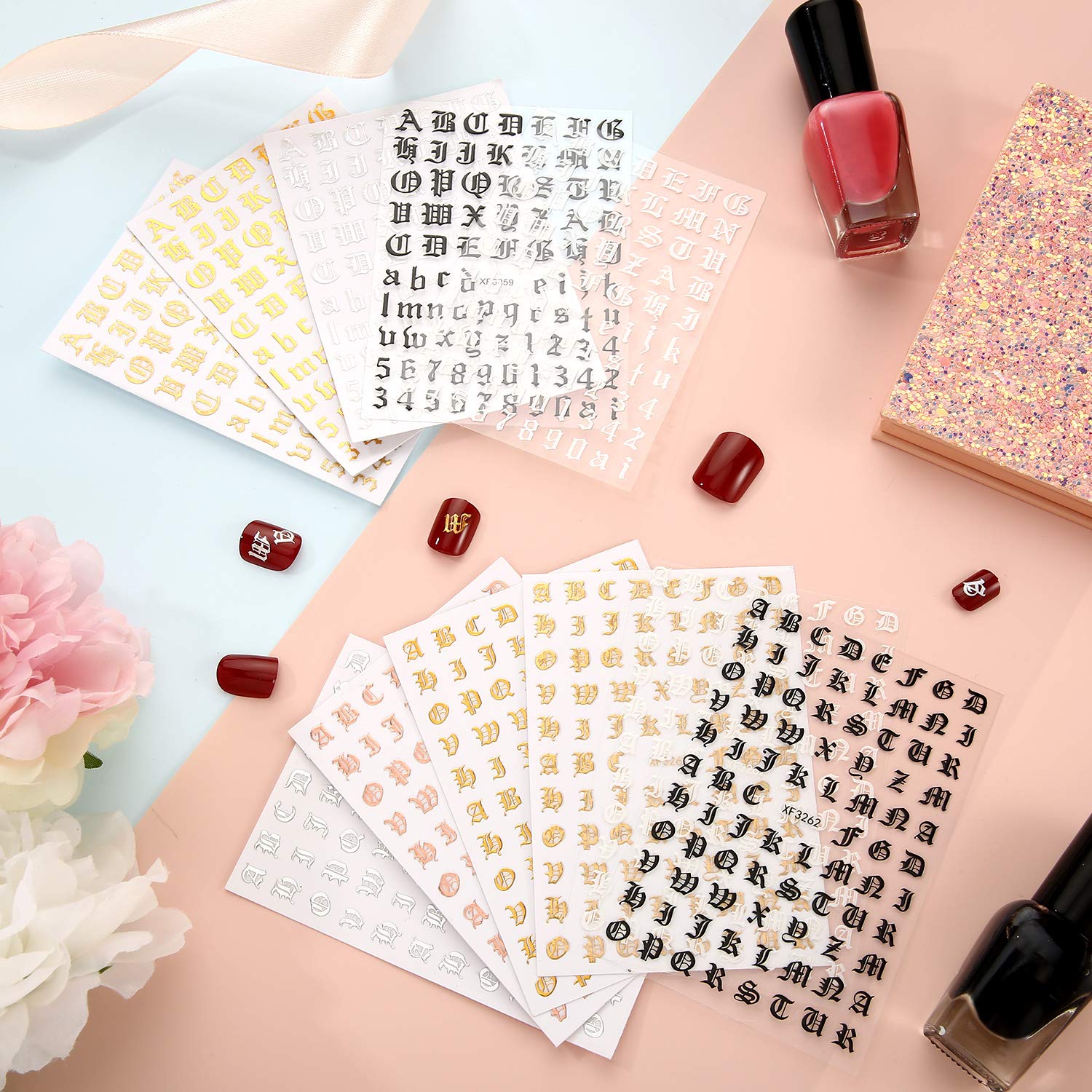 Maitys 24 Sheets Old English Holographic Letter Stickers - DIY Nail Art Decals for Women, Girls | Perfect for Nail Salon, Home Manicure, Party Nail Decorations