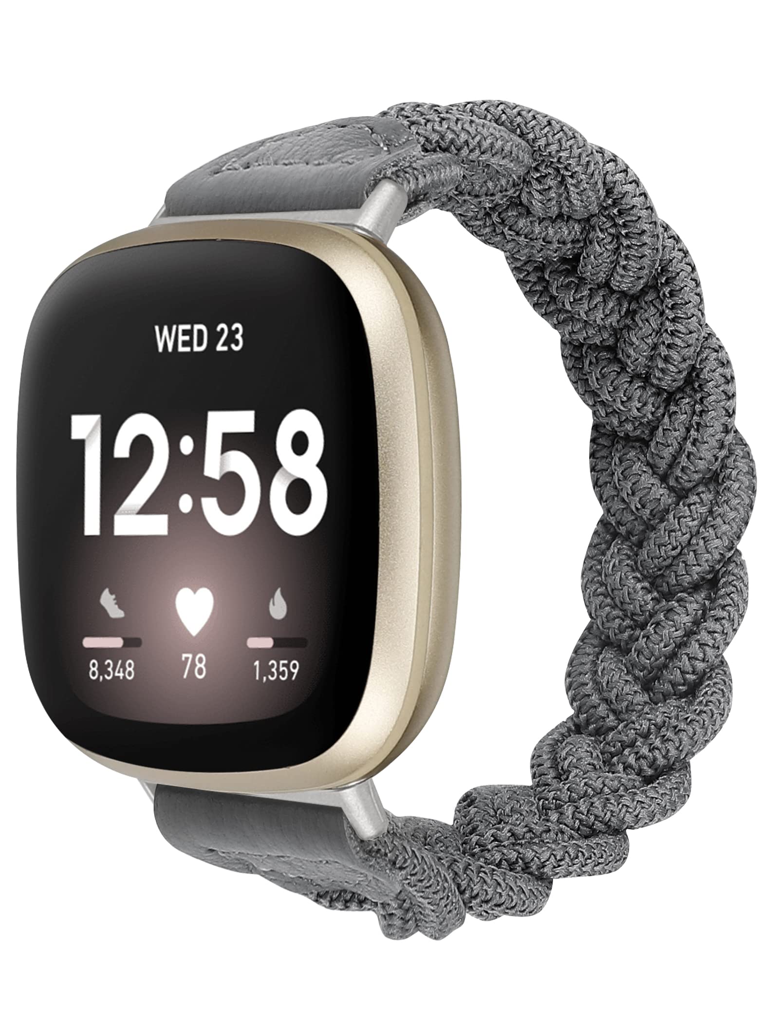Elastic Braided Strap for Fitbit Sense/Versa 3/4 & Sense 2 - Slim Solo Loop Stretch Woven Wristband for Women - Grey, Medium - Perfect for Workouts, Running & Everyday Wear
