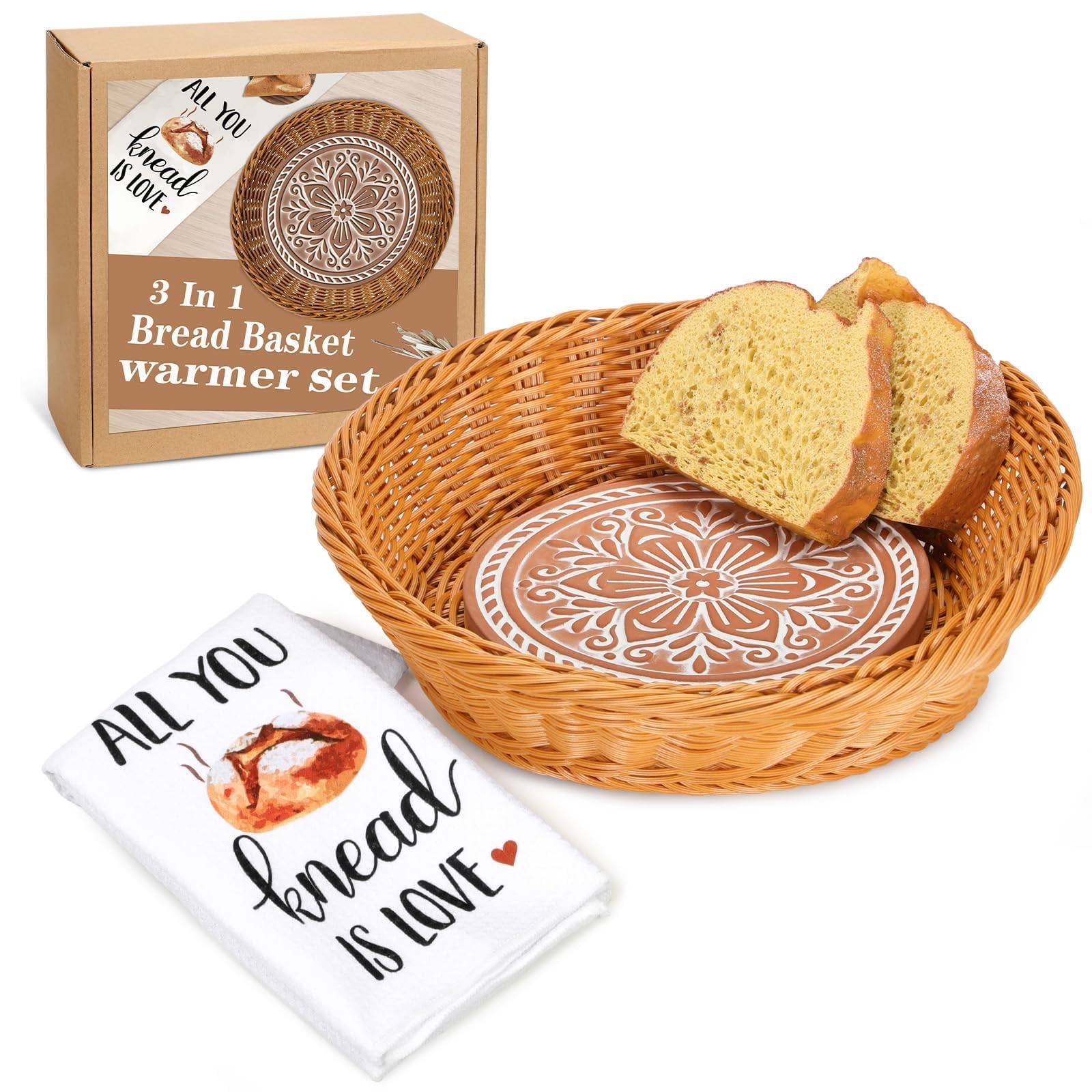 Stone Bread Warmer Basket - Terracotta Tortilla & Bread Serving Basket with Kitchen Towel - Perfect for Thanksgiving, Christmas & Housewarming Gifts - Ideal for Dinner Parties, Brunch & Holiday Gatherings