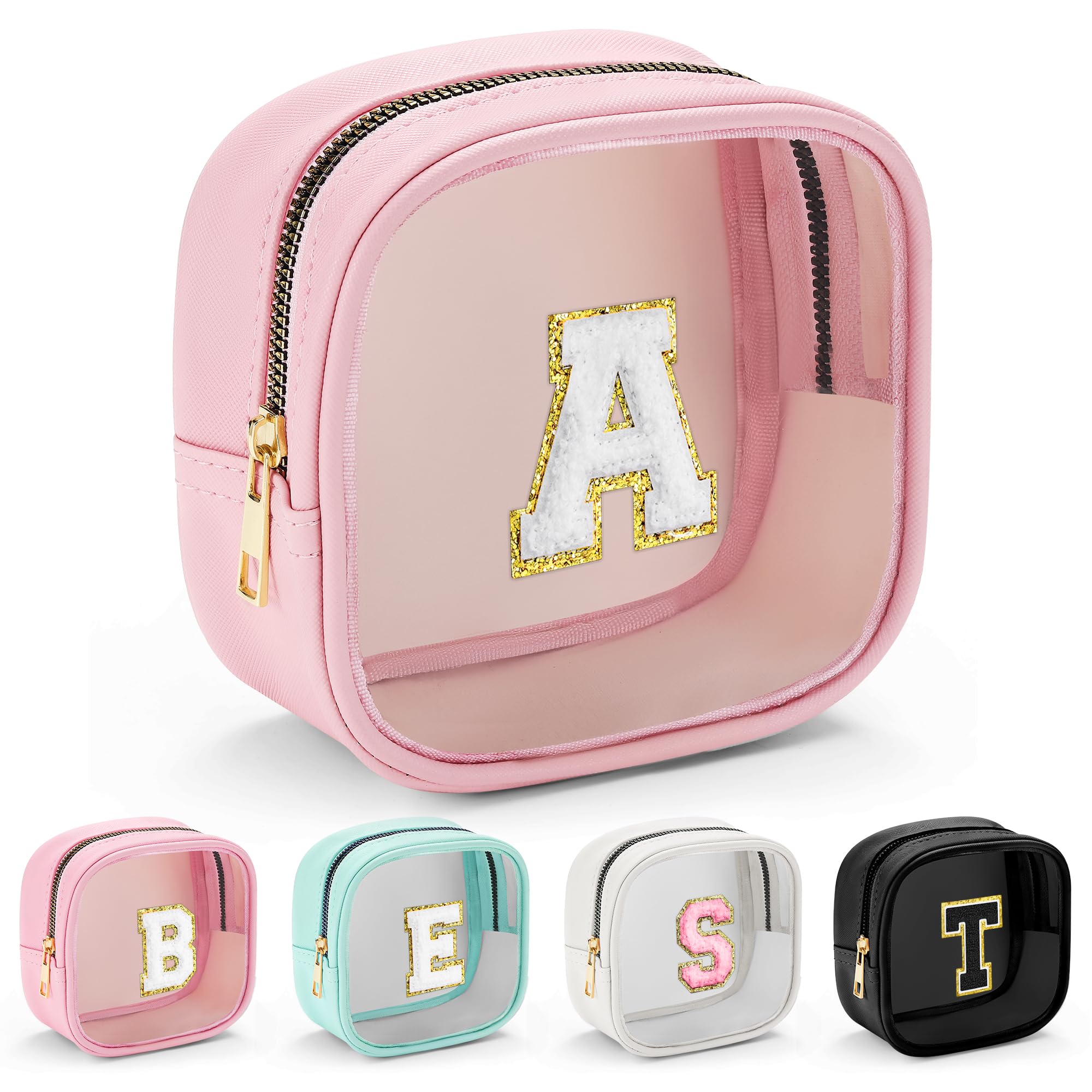 YOOLIFE Initial Mini Makeup Bag - Clear Travel Toiletry Cosmetic Organizer | Preppy Pink Makeup Pouch for Women & Teens | Perfect Gift for Girlfriend, Teacher Birthday | Great for Travel, Gym & Daily Essentials Storage