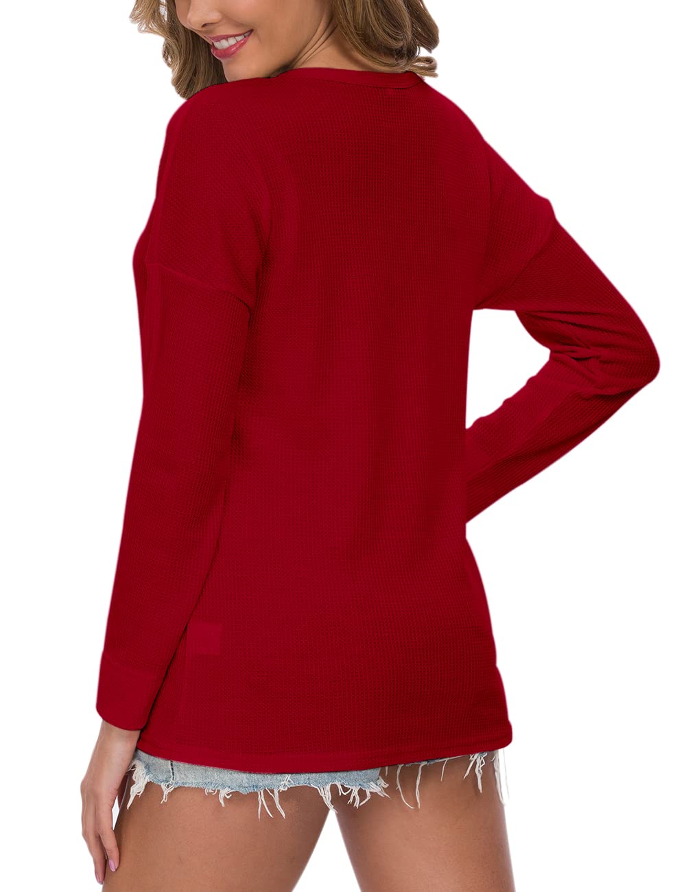 MOLERANI Women's Waffle Knit Tunic Top - Loose Fit Long Sleeve Button Up V-Neck Henley Shirt for Casual Wear, Office & Layering