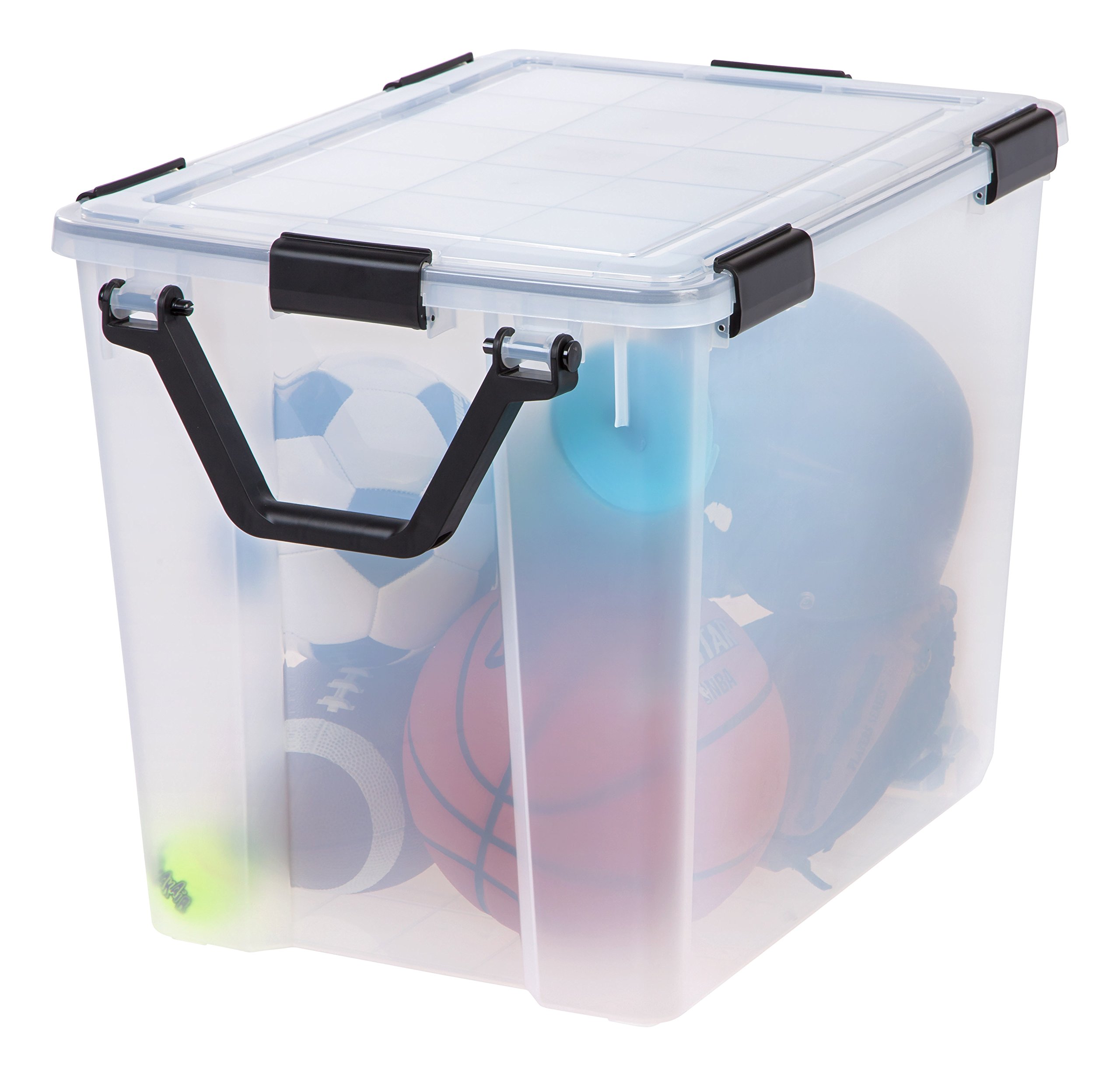 IRIS USA WeatherPro 103 Qt Storage Bins with Lids - 2 Pack BPA-Free Plastic Gasket Box with Tight Latch & Seal, Stackable Nestable Tote Tub - Clear/Black - Perfect for Home Organization, Garage Storage & Weatherproof Protection