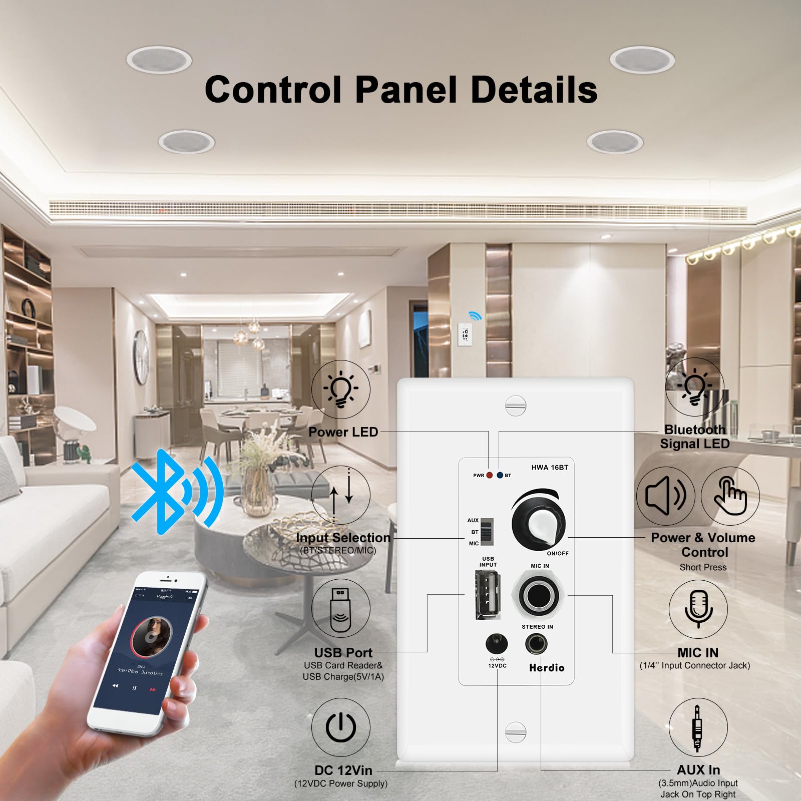 Herdio 5.25 Inch Bluetooth Ceiling Speakers - 600W Max Power, 2-Way Flush Mount & Wall Mount - Compatible with Amplifier Receiver - Perfect for Home Theater, Bathroom, Living Room, Kitchen, Office (Set of 4 Speakers) - Enjoy Wireless Music Streaming for Parties, Background Music & Multi-Room Audio