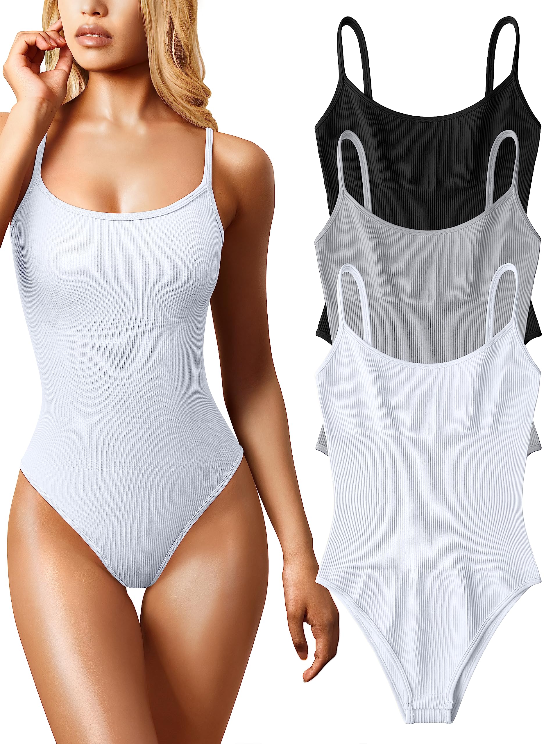 OQQ Women's 3 Piece Bodysuits - Sexy Ribbed Sleeveless Adjustable Spaghetti Strap Tops & Leotard Set for Summer 2025 | Perfect for Yoga, Dance, Beachwear and Layering Outfits