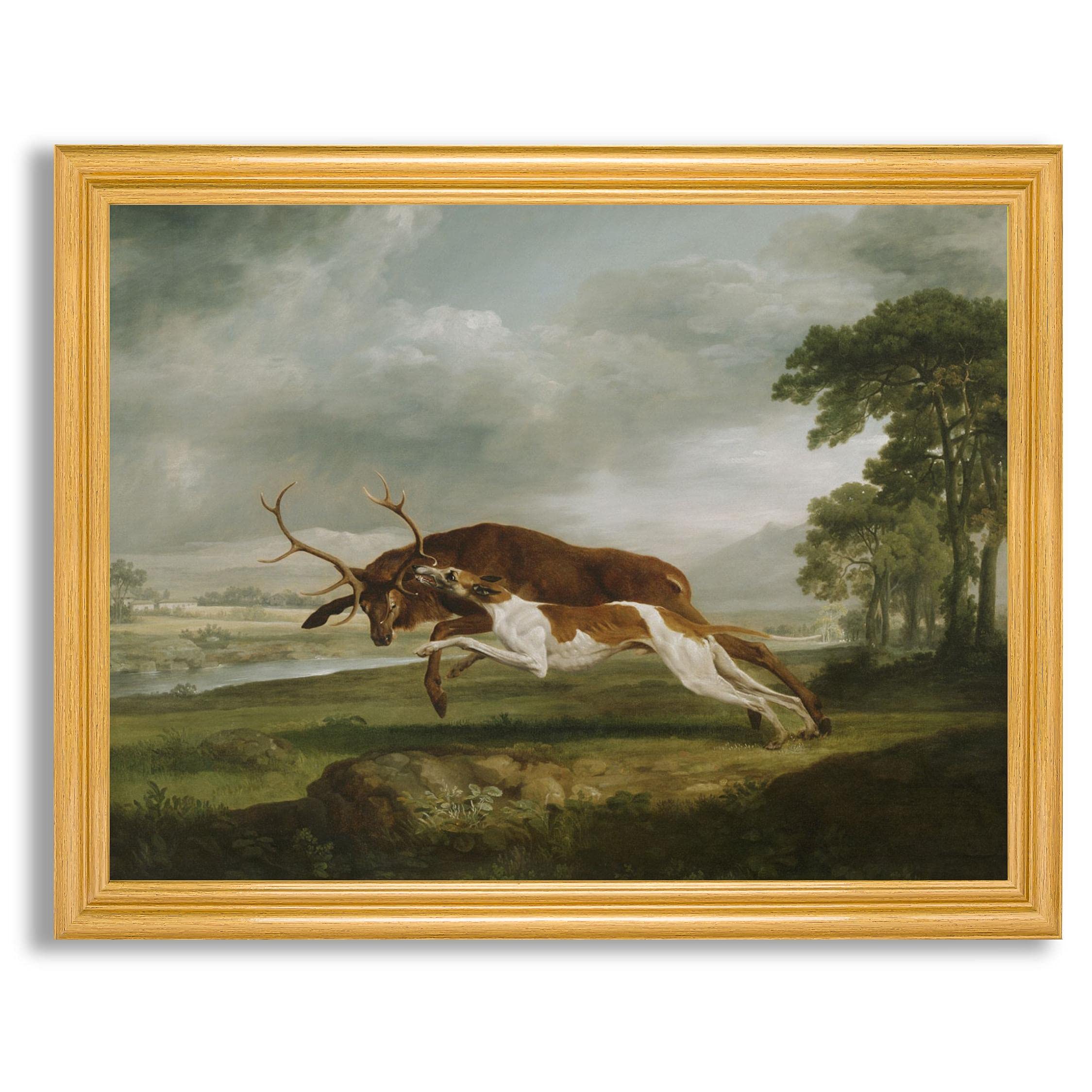 George Stubbs 'Hound Coursing a Stag' Framed Canvas Wall Art - Fine Art Reproduction Painting in Wood Frame - Home & Office Decor for Bedroom, Living Room - Perfect Gift for Art Lovers & Classic Interior Design
