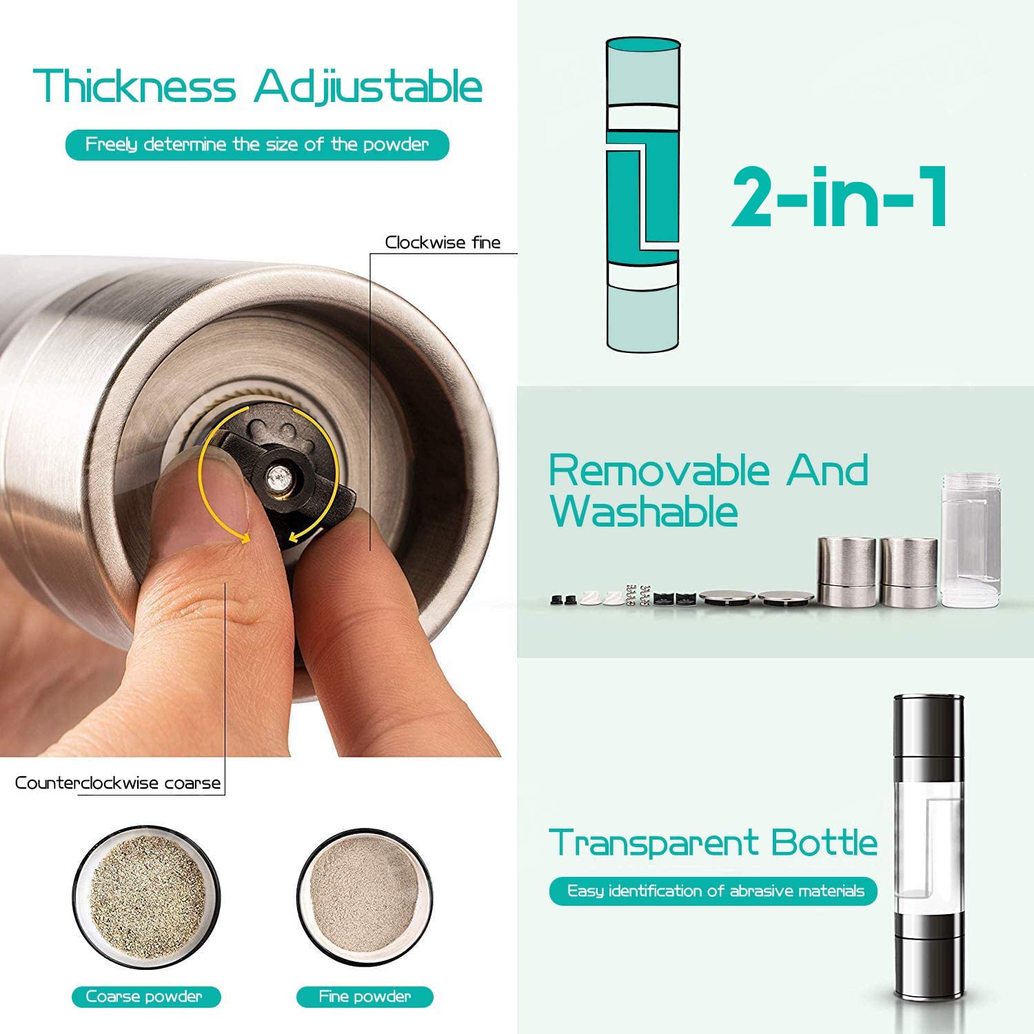 2 in 1 Adjustable Ceramic Salt and Pepper Grinder Set - Stainless Steel Spice Mill for Kitchen, Dining Table & Outdoor BBQ - Perfect for Cooking, Camping & Home Use