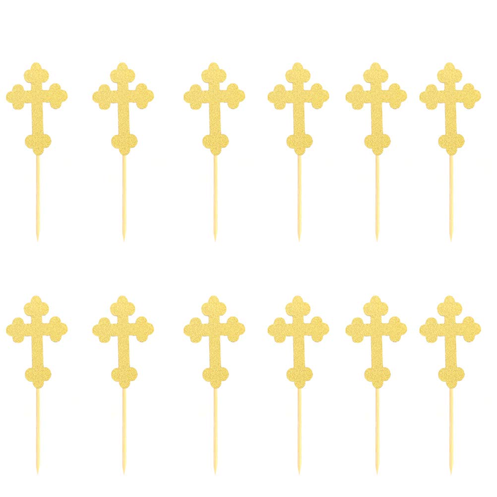 24pcs Reusable Wooden Cross Cupcake Toppers - Glitter Paper Cake Decorations for Birthday, Wedding & DIY Party Dessert Decorating - Perfect for Cupcakes, Cakes & Dessert Displays