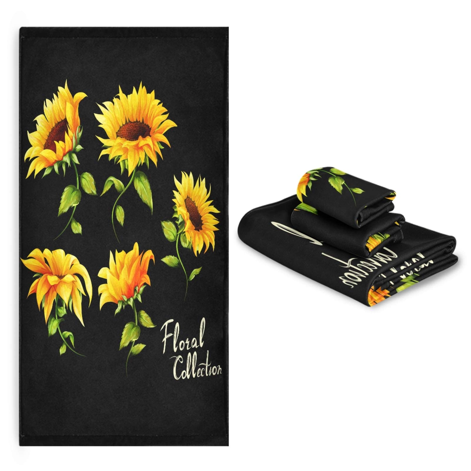 ALAZA Luxury Sunflower Floral Black Bath Towel Set - 3 Piece (Bath Towel, Hand Towel, Washcloth) - Ultra Soft & Absorbent for Bathroom, Hotel, Gym, Yoga, Spa - Decorative & Multipurpose Home Essentials