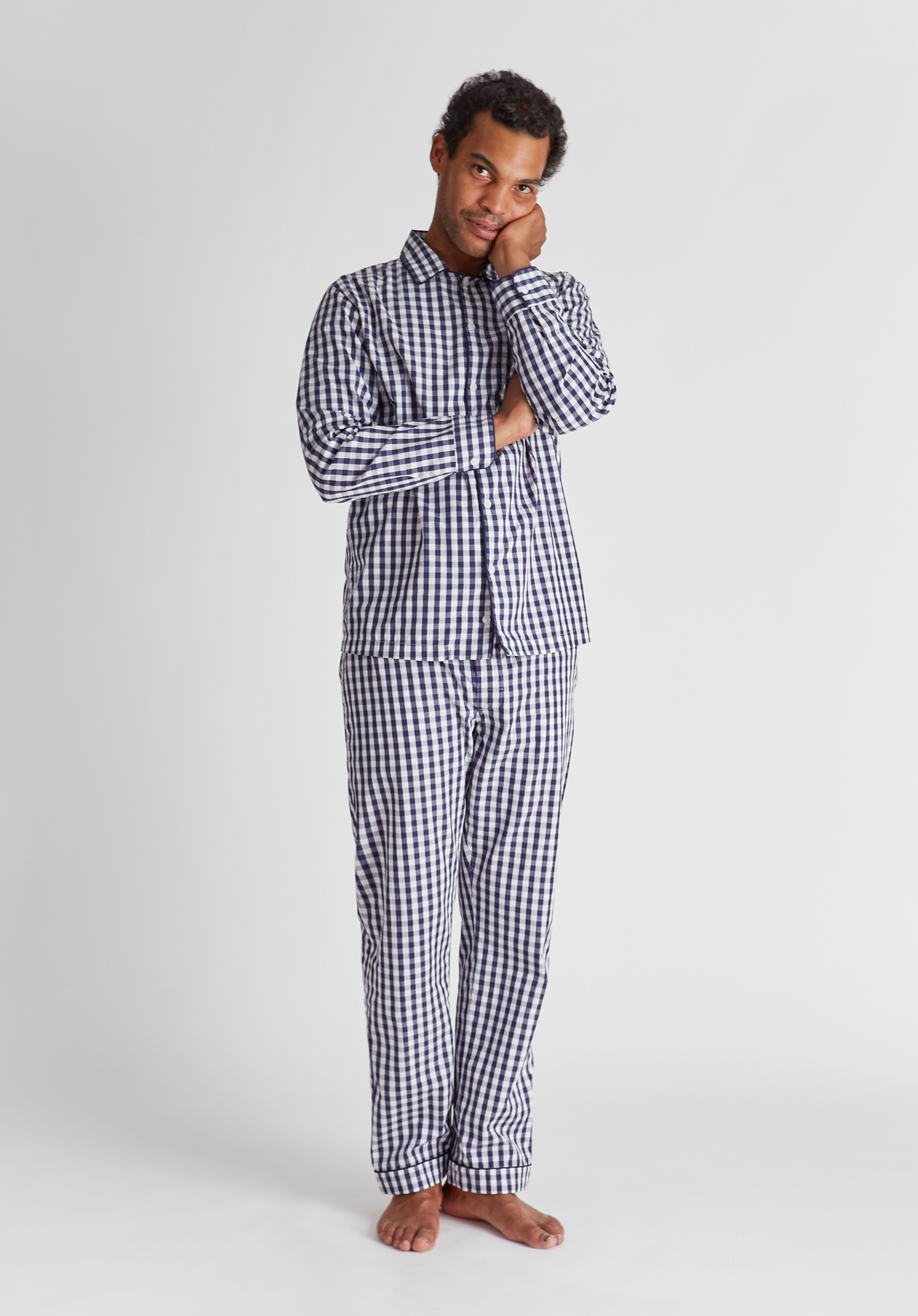 Henry Men's Pajama Set - 100% Cotton Navy Blue Gingham Print Sleepwear - Comfortable Lounge Pajamas for Relaxing at Home & Sleepovers